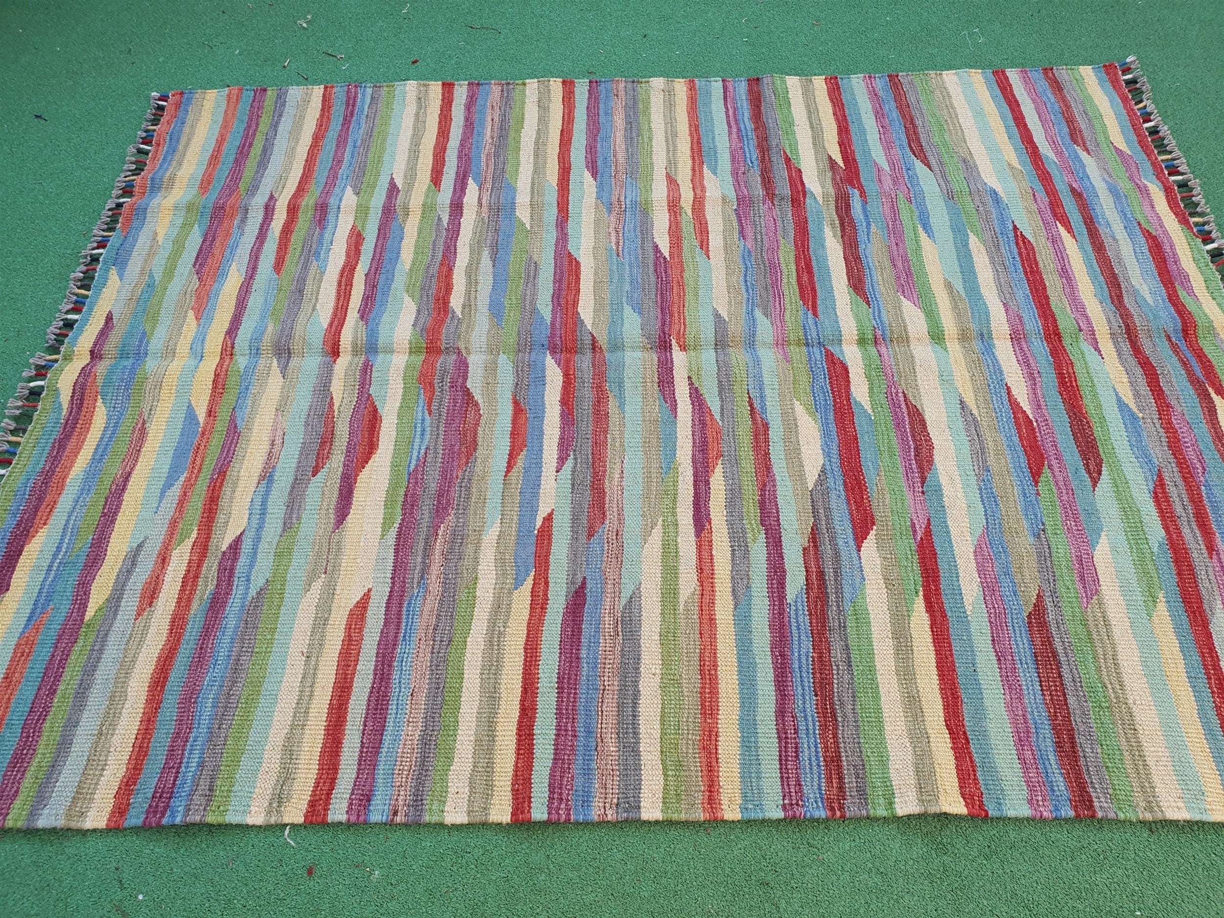 Turkish Kilim Rug, 6 x 4 ft Blue Red Beige Vintage Oushak Boho Floor Rug for Living Room Kitchen Bedroom, Persian Natural Wool Area Rug