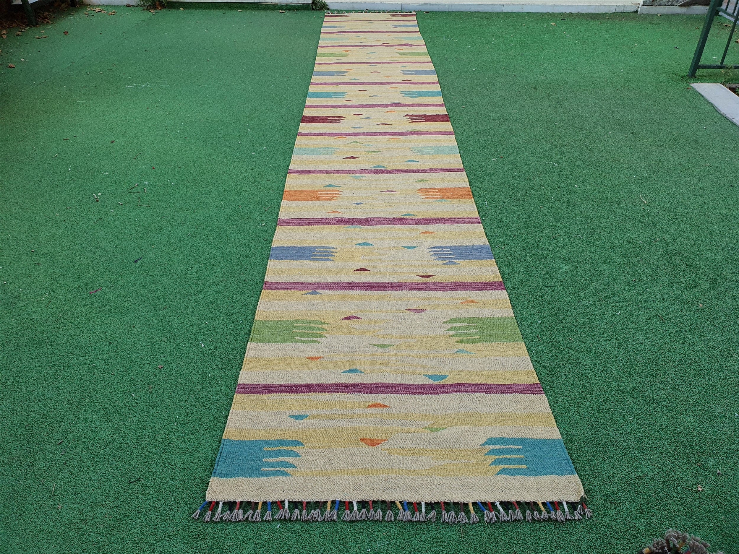 Turkish Kilim Runner Rug 15 x 2 ft Long Pale Green Grey Narrow Entryway or Hallway Passage Rug, Persian Rug for Kitchen Bedroom or Corridor