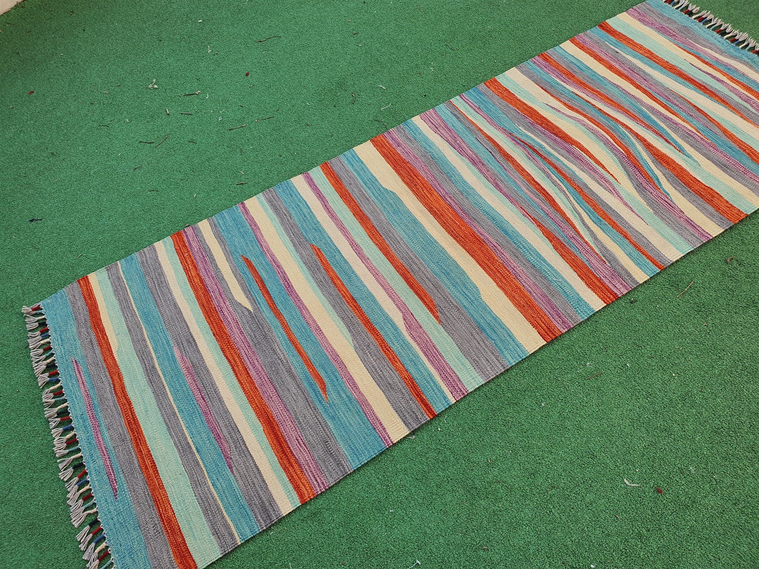 Turkish Kilim Runner Rug 6 x 2 ft Small Blue Grey Beige Narrow Entryway or Hallway Passage Rug