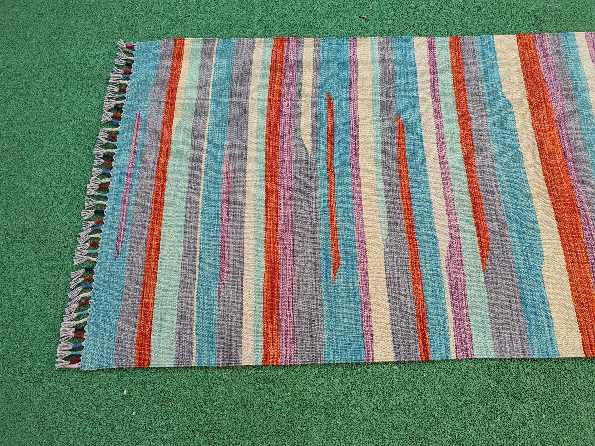 Turkish Kilim Runner Rug 6 x 2 ft Small Blue Grey Beige Narrow Entryway or Hallway Passage Rug