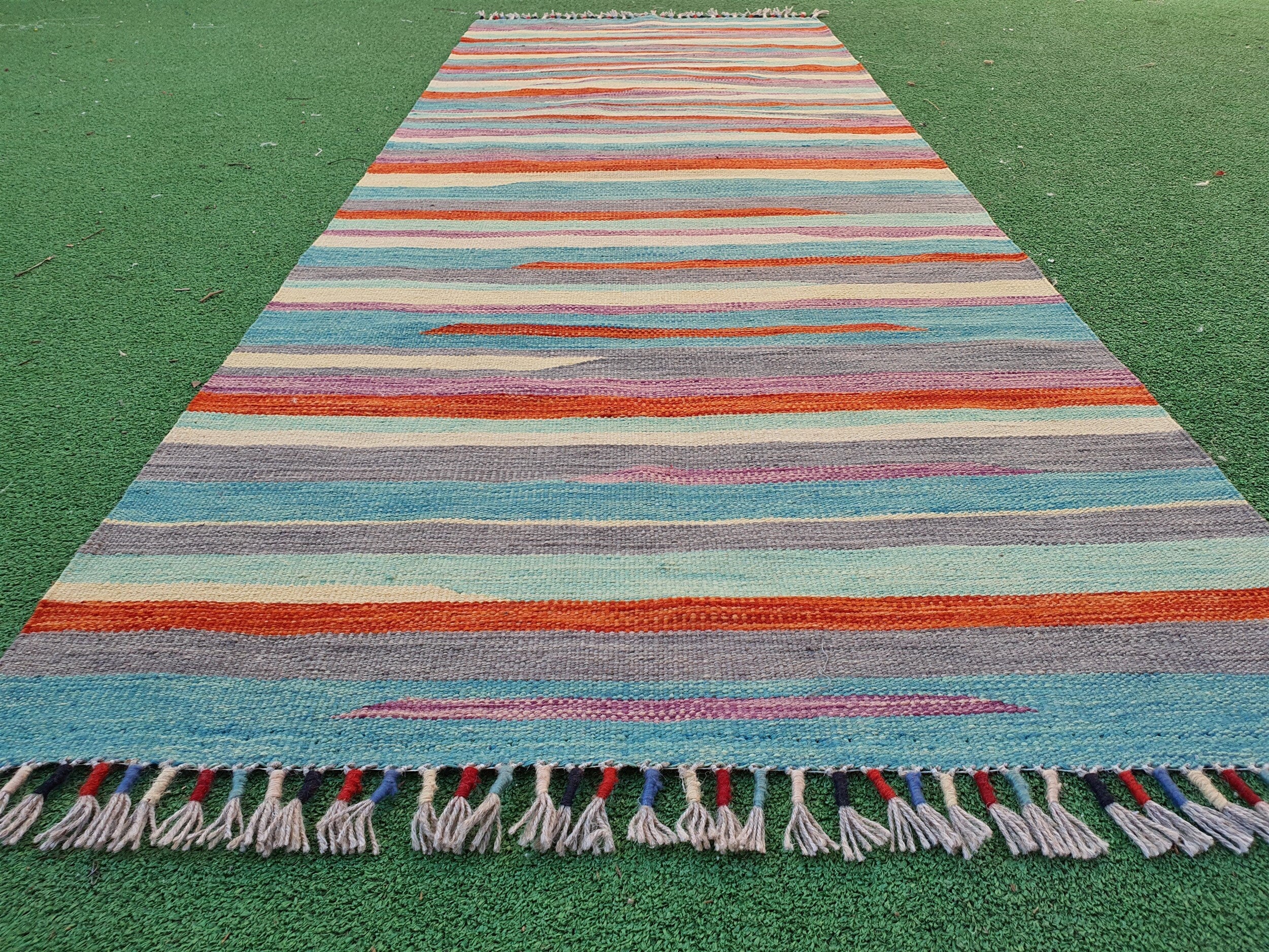 Turkish Kilim Runner Rug 6 x 2 ft Small Blue Grey Beige Narrow Entryway or Hallway Passage Rug