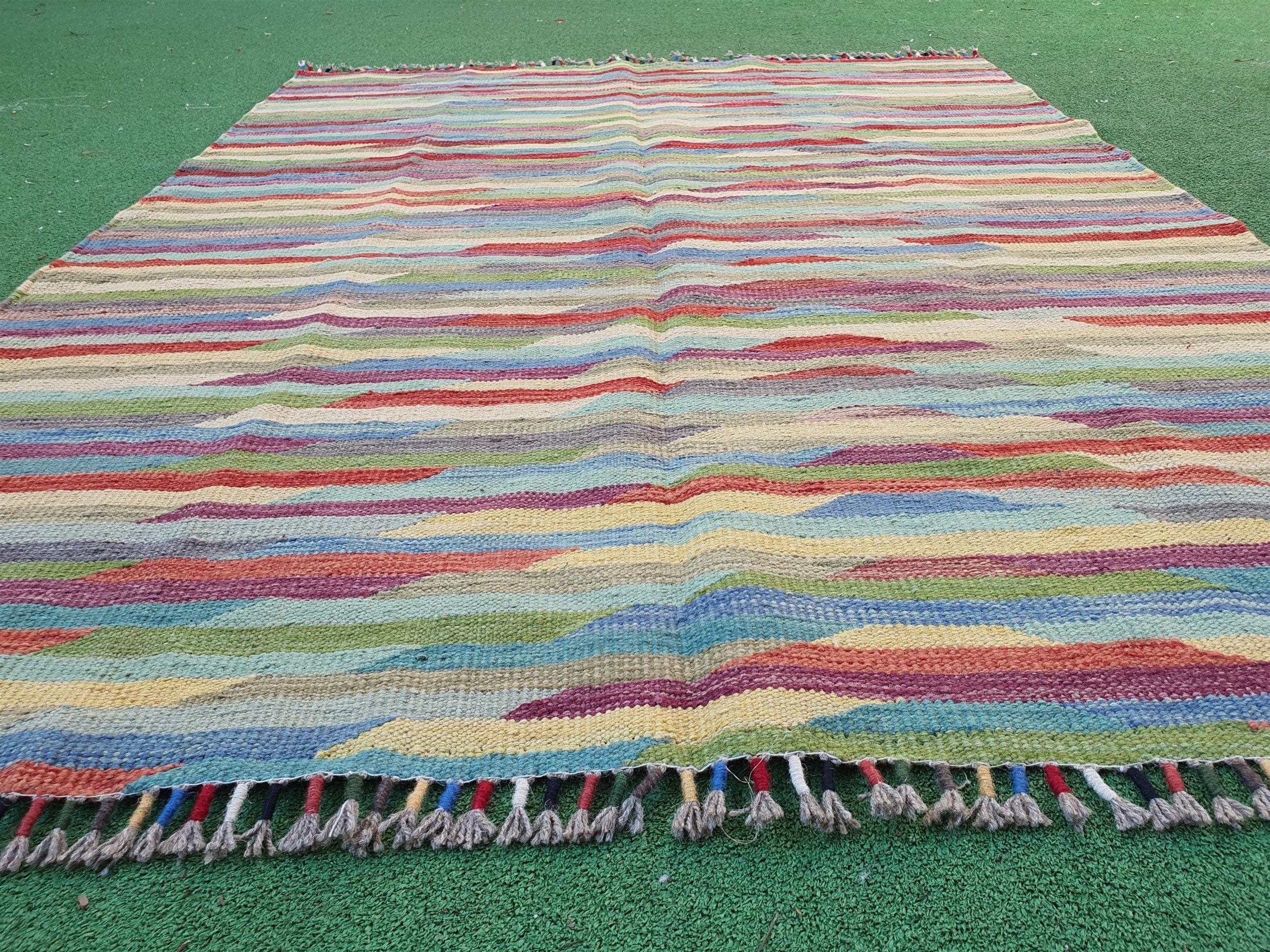Turkish Kilim Rug, 6 x 4 ft Blue Red Beige Vintage Oushak Boho Floor Rug for Living Room Kitchen Bedroom, Persian Natural Wool Area Rug