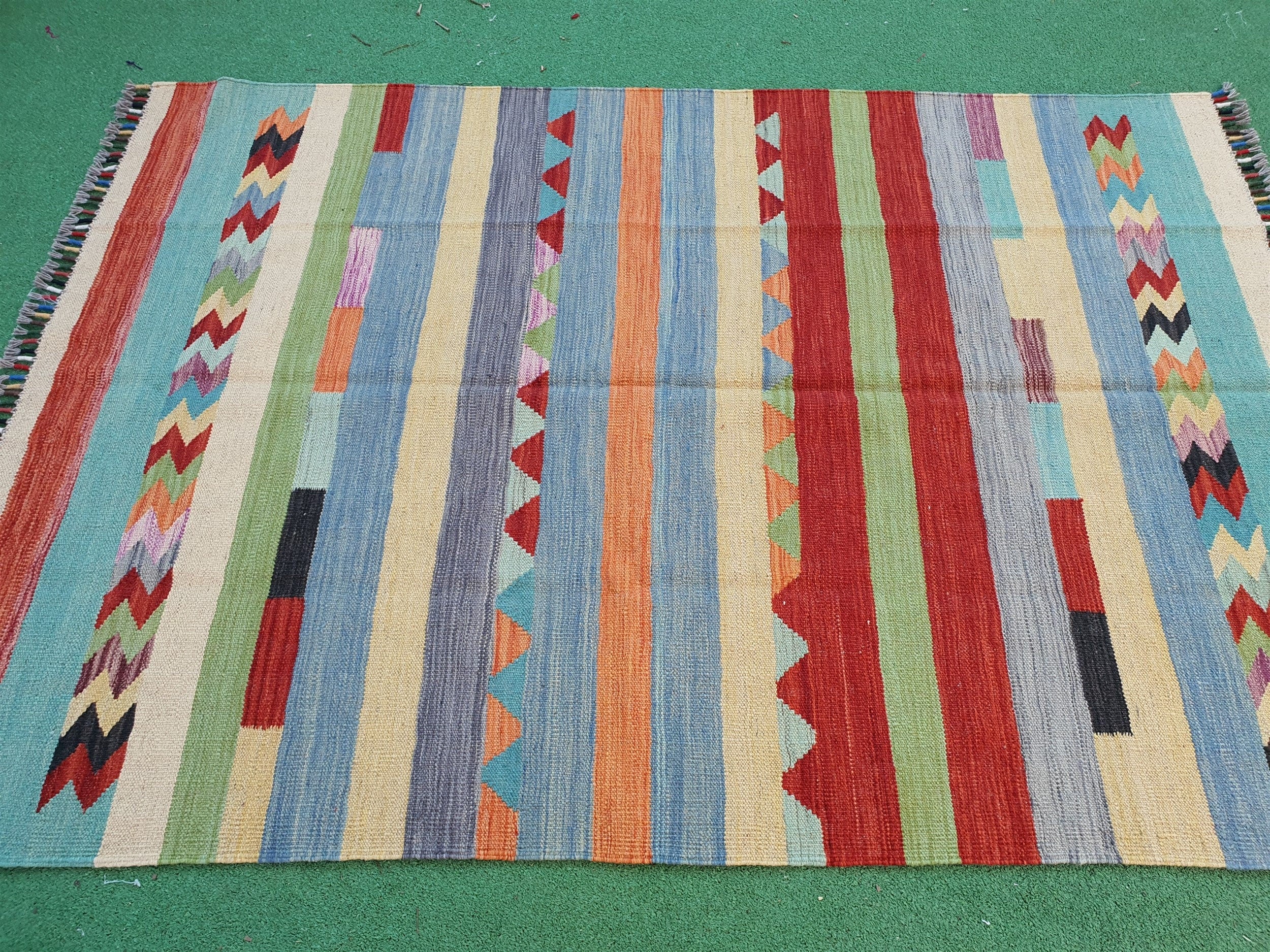 Oushak Kilim Rug 5 x 3, Blue White Red Turkish Moroccan Afghan Handmade Kilim Rug, Boho Rustic Colourful Persian Living Room Floor Rug