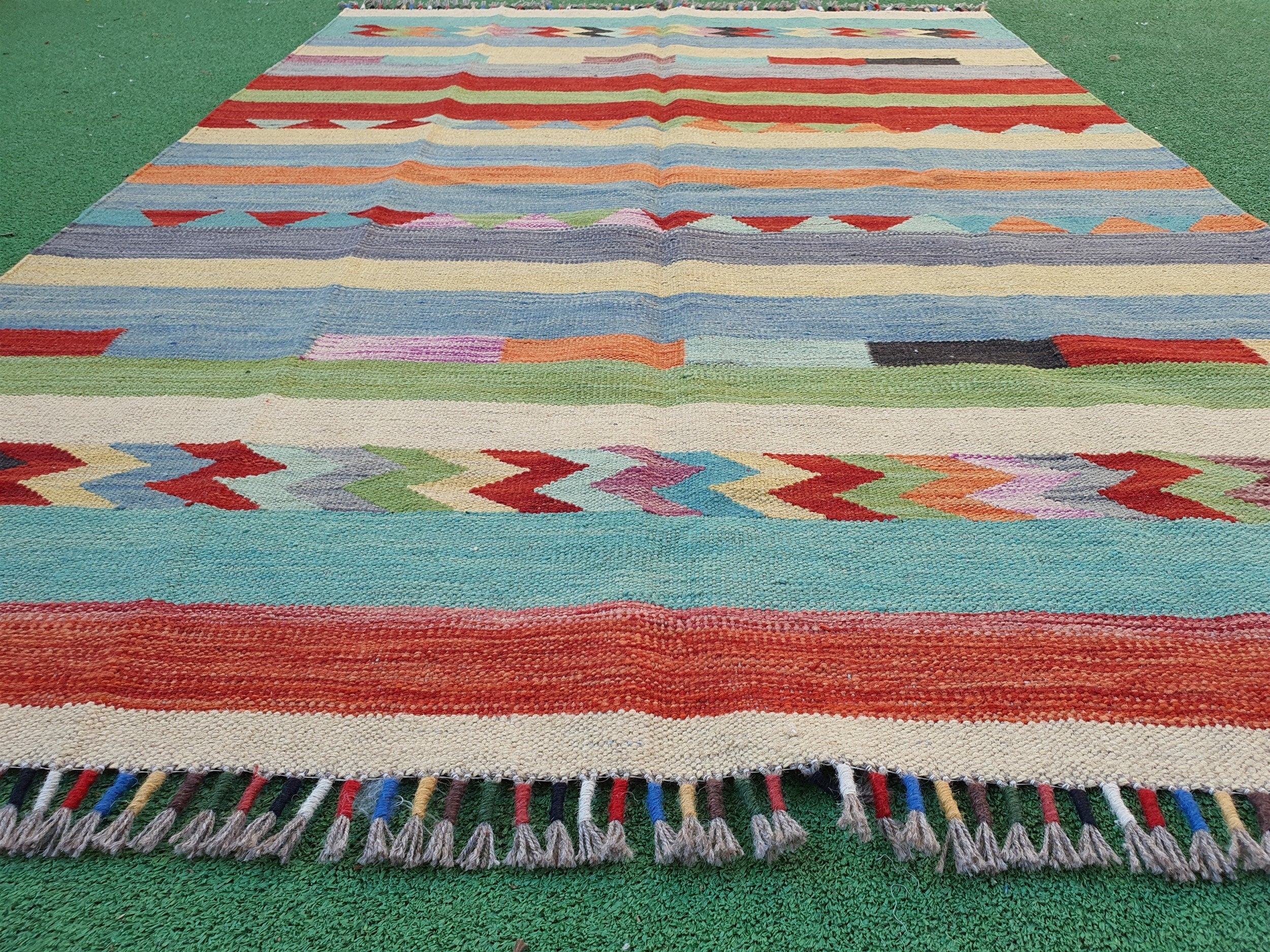 Oushak Kilim Rug 5 x 3, Blue White Red Turkish Moroccan Afghan Handmade Kilim Rug, Boho Rustic Colourful Persian Living Room Floor Rug