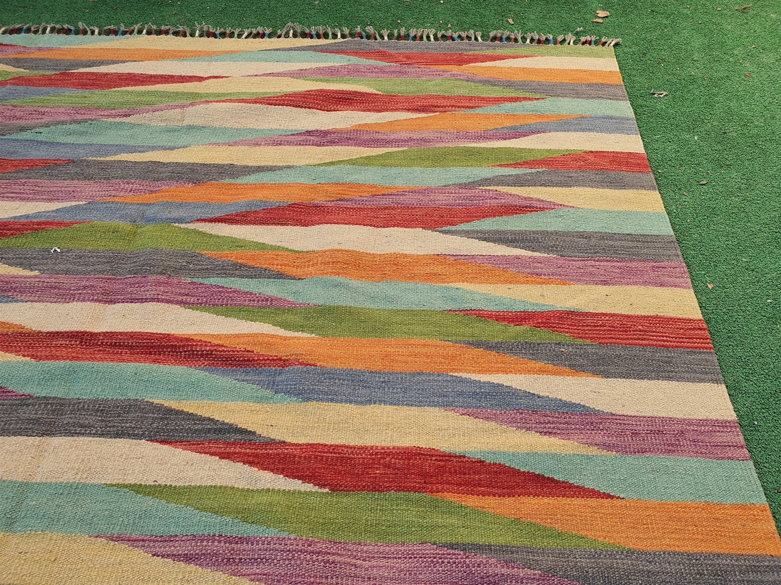 Alfombra Kilim vintage Oushak de 12 x 8 pies, extragrande, azul, rojo y beige, estilo bohemio turco, retro, para sala de estar, cocina, decoración persa y marroquí