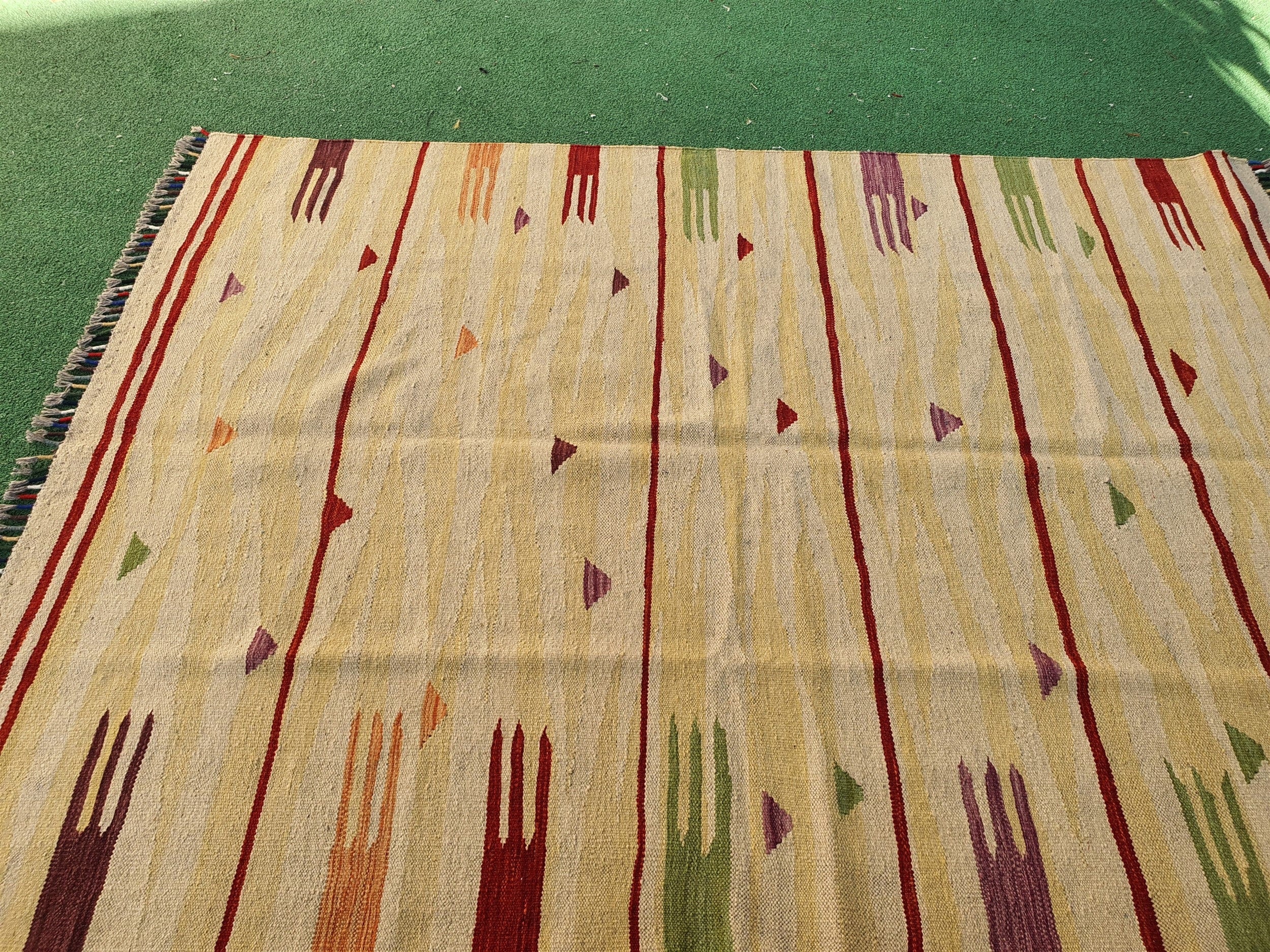 Oushak Vintage Kilim Rug, 6 x 5 ft Green Orange Tan Turkish Boho Retro Floor Rug for Living Room Kitchen Bedroom Persian Moroccan Home Decor