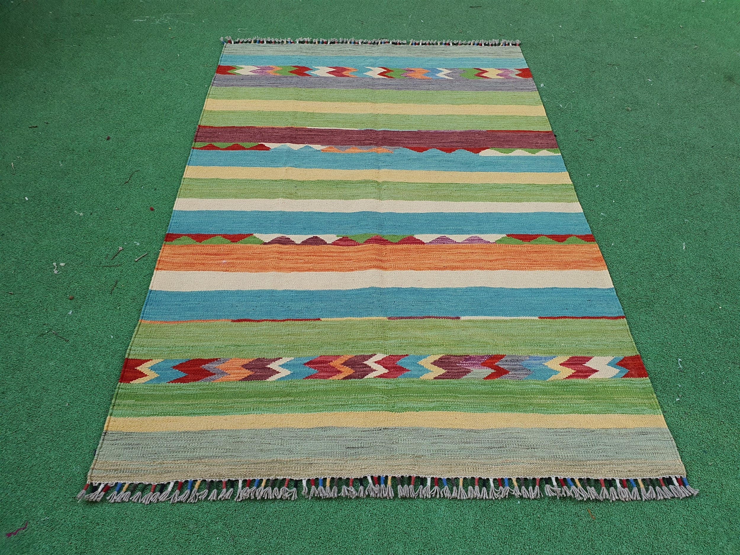 Oushak Kilim Rug, 6 x 4 ft Blue White Red Turkish Moroccan Afghan Handmade Kilim Rug, Boho Rustic Colourful Persian Living Room Floor Rug