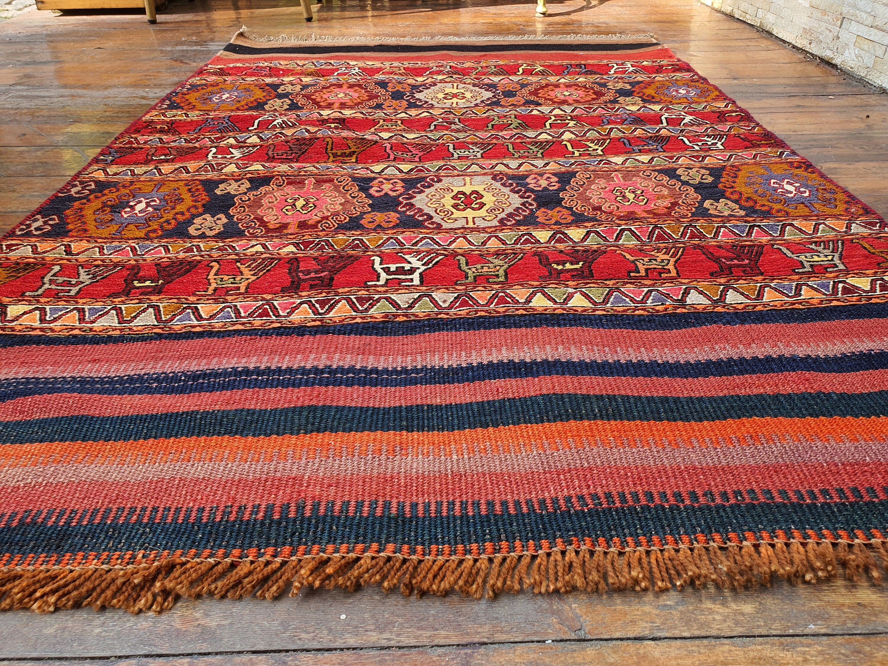 Terracotta and Brown Turkish Kilim Rug 6 x 4 ft, Vintage Southwestern Aztec Decor Handmade Wool Kilim, Antique Persian Boho Rustic Floor Rug