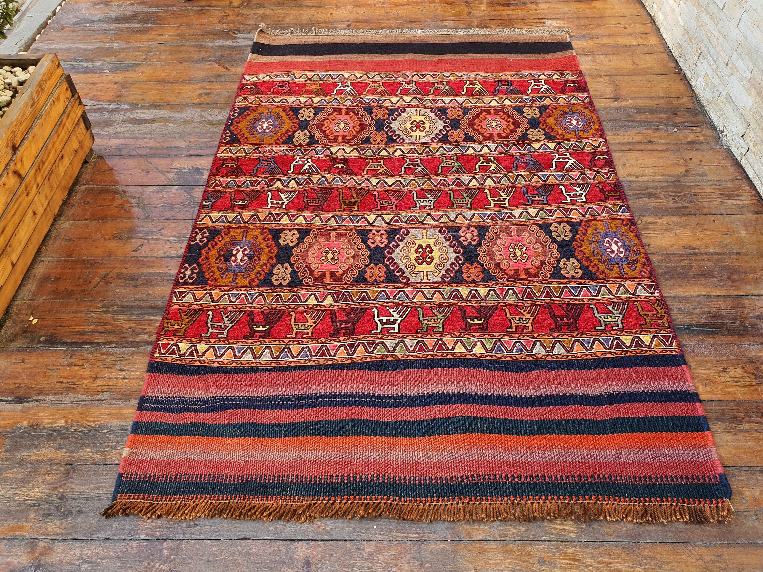 Terracotta and Brown Turkish Kilim Rug 6 x 4 ft, Vintage Southwestern Aztec Decor Handmade Wool Kilim, Antique Persian Boho Rustic Floor Rug