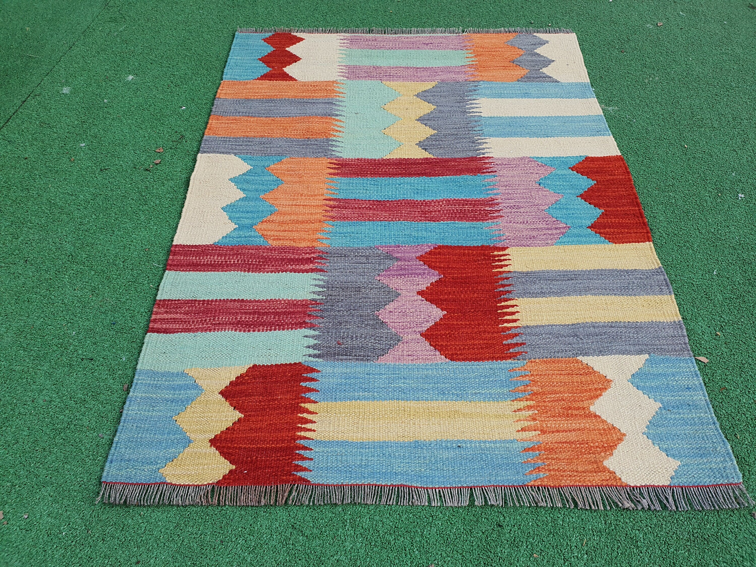 Alfombra Kilim Oushak de 3 pies 5 pulgadas x 2 pies 7 pulgadas, color rojo óxido, azul y beige, alfombra turca para entrada o puerta