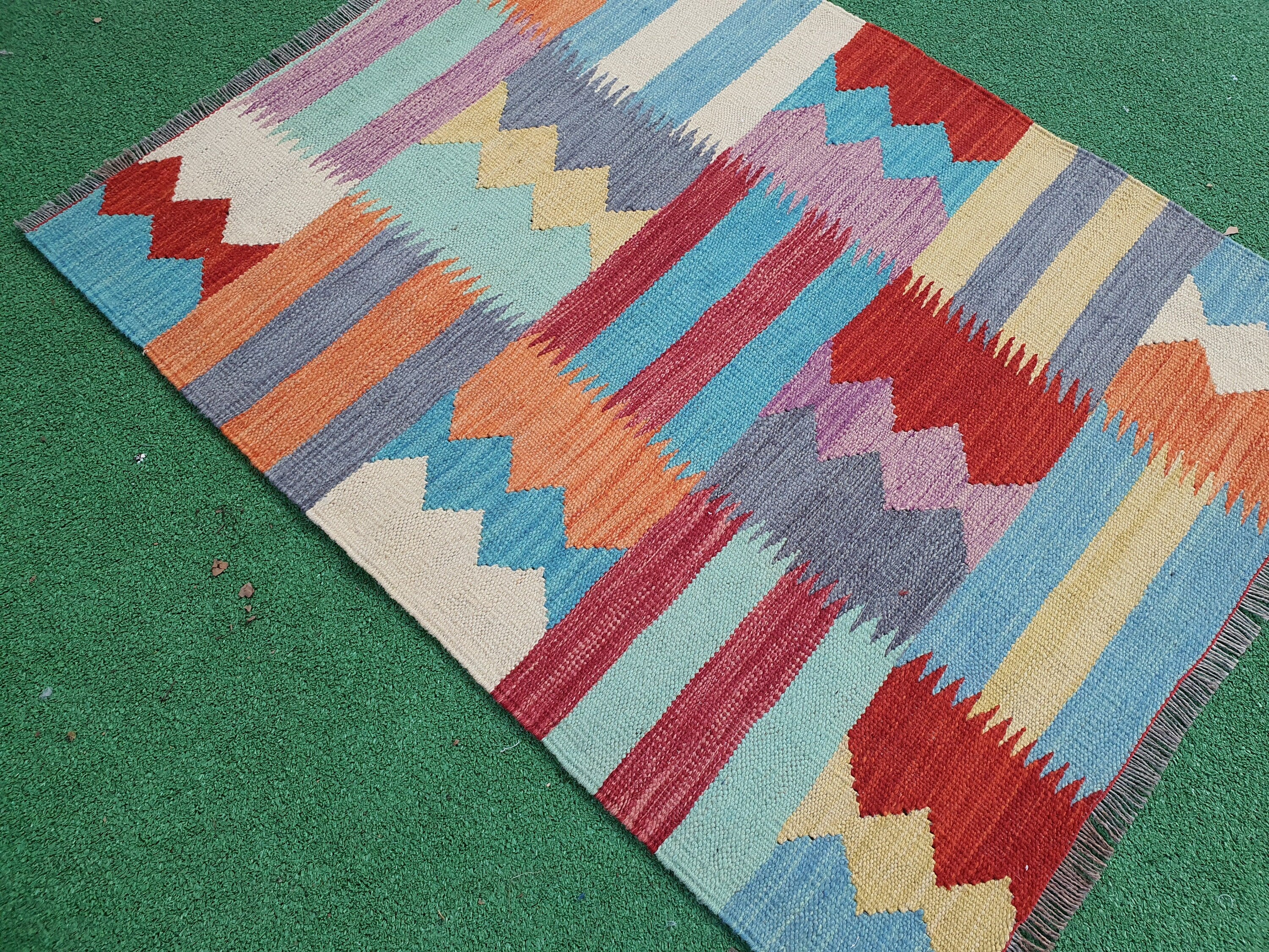 Oushak Kilim Rug, 3 ft 5 in x 2 ft 7 in Rust Red, Blue and Beige Turkish Entryway or Door Mat