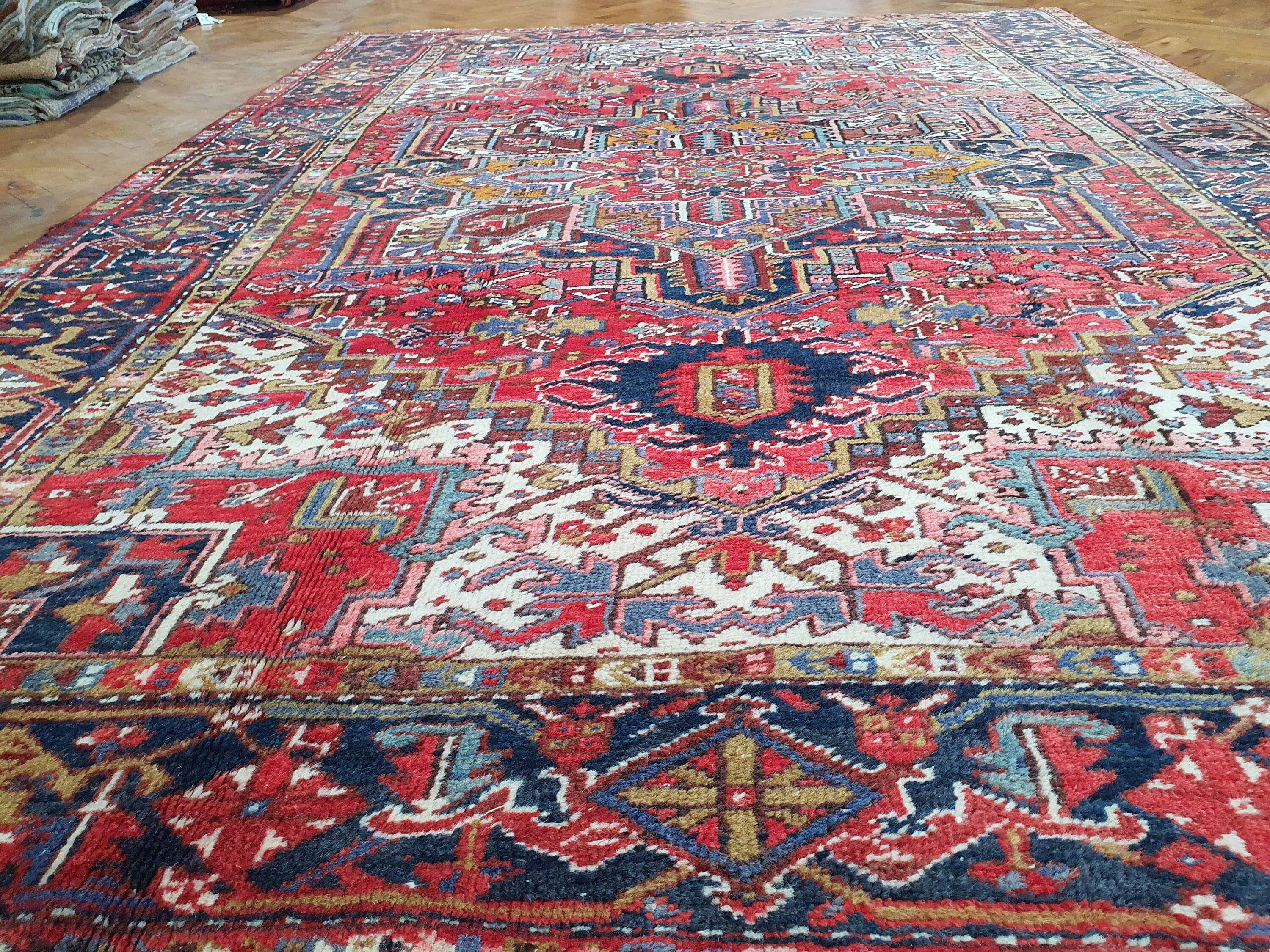 Red and Blue Persian Area Rug, 9'6'' x 6'9'' ft Vintage Turkish Tribal Organic Wool Rug, Recycled Oriental Design Rustic Floor Rug, Rug