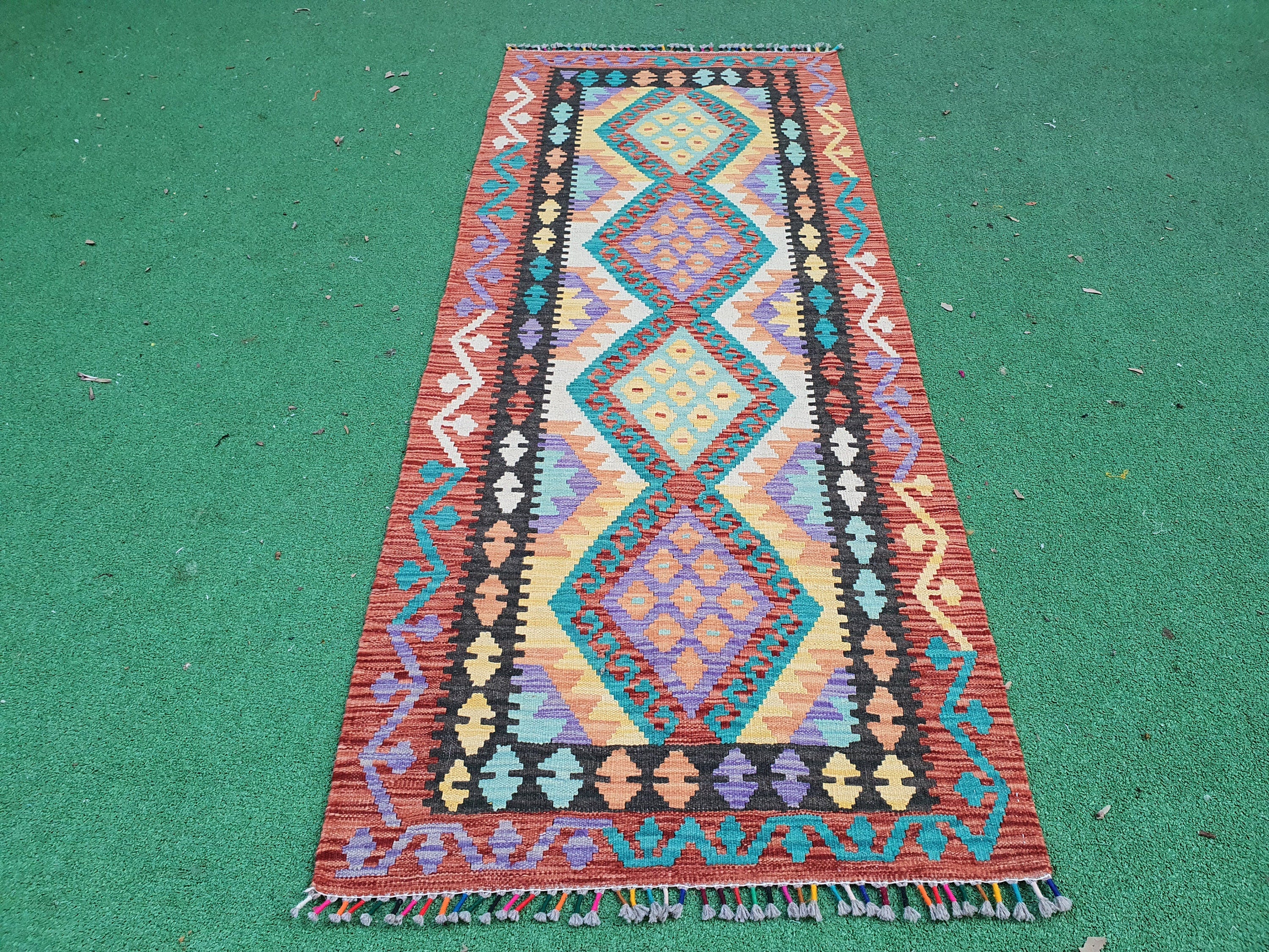 Purple Green Orange Kilim, Hallway Runner Rug 6'6"x2'7"