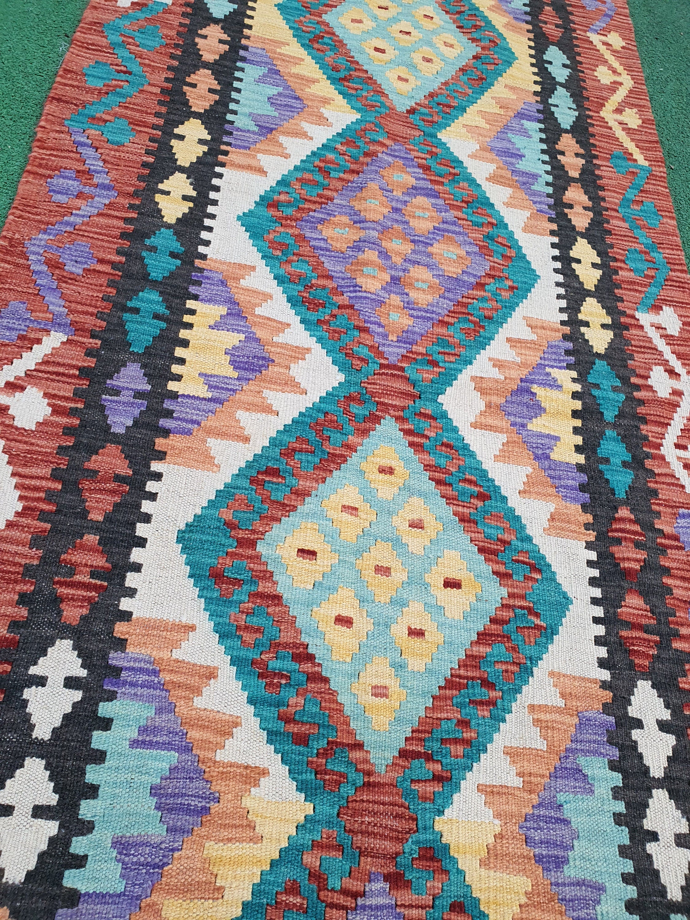 Purple Green Orange Kilim, Hallway Runner Rug 6'6"x2'7"