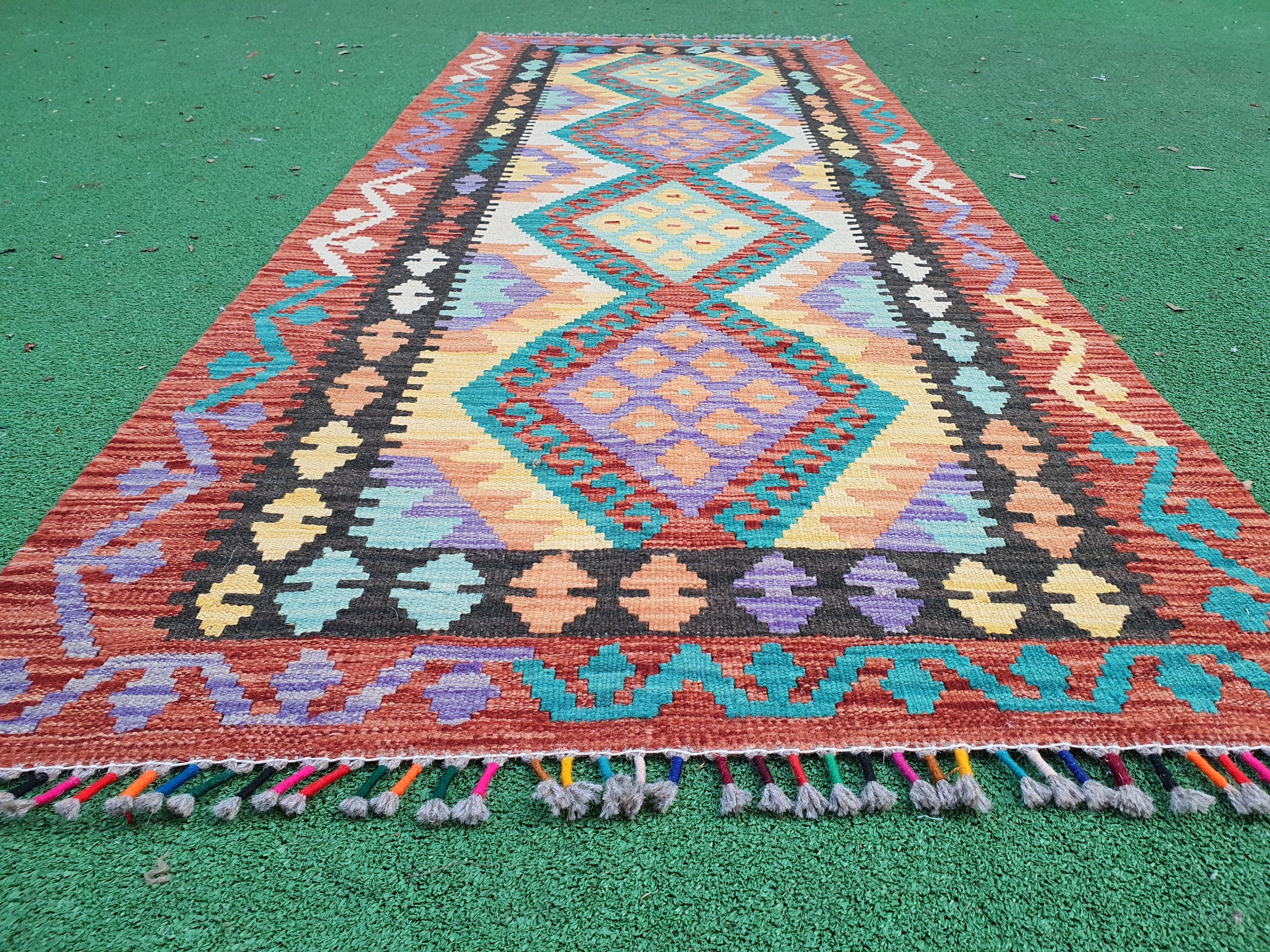 Purple Green Orange Kilim, Hallway Runner Rug 6'6"x2'7"