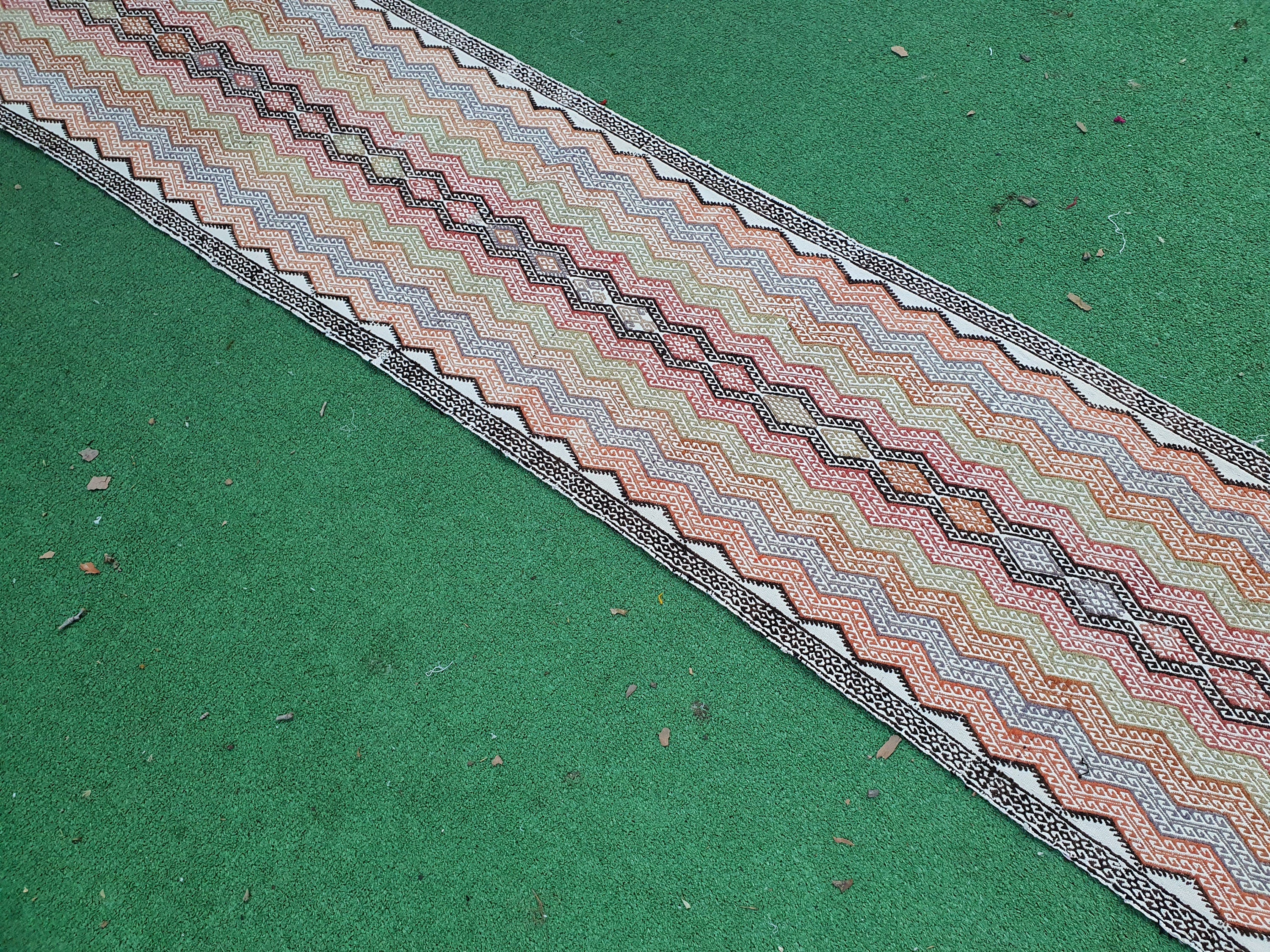 Kilim Hallway Rug 8 x 2 Brown Orange Natural Wool Boho Rustic Runner Rug