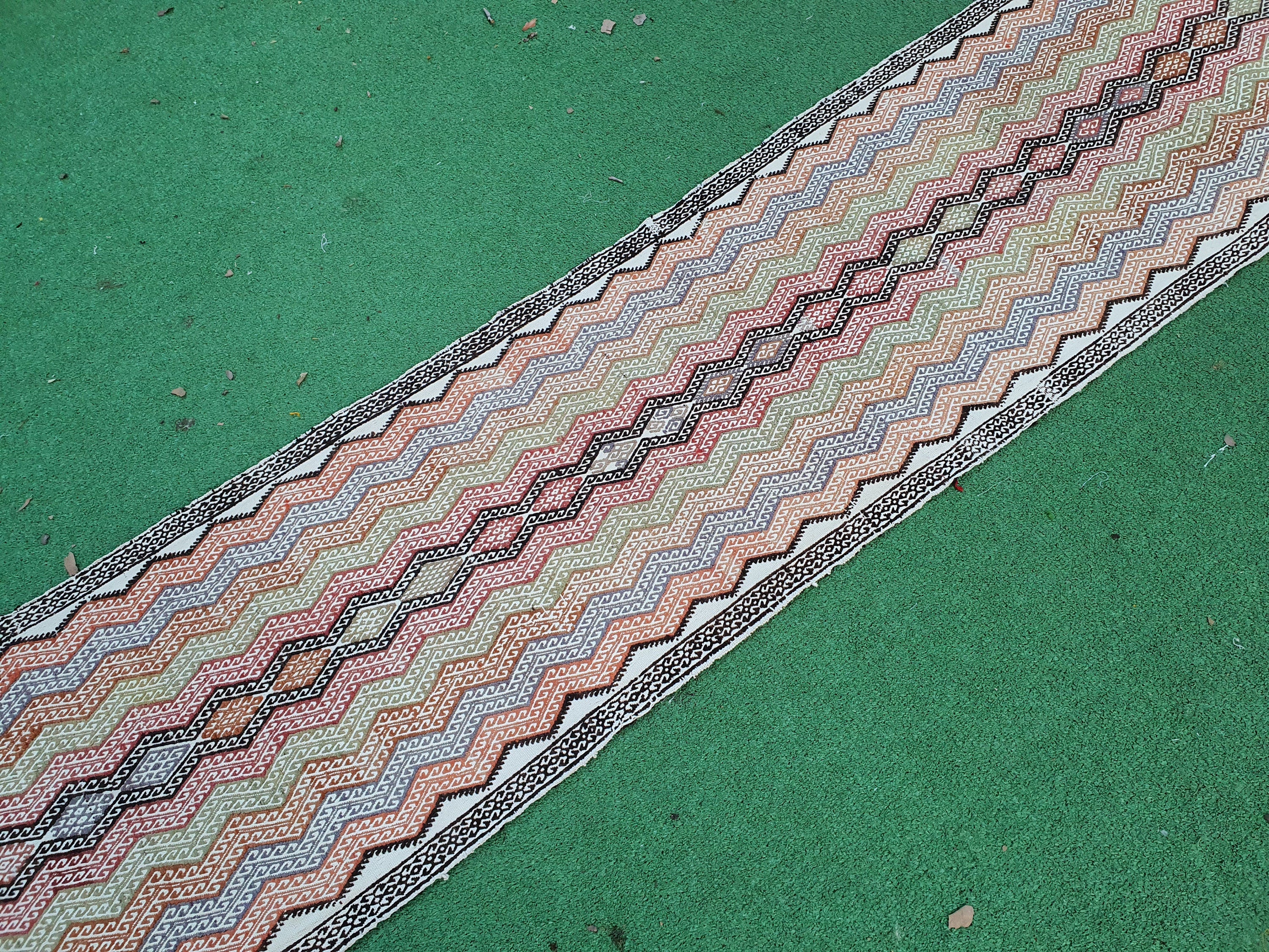 Kilim Hallway Rug 8 x 2 Brown Orange Natural Wool Boho Rustic Runner Rug