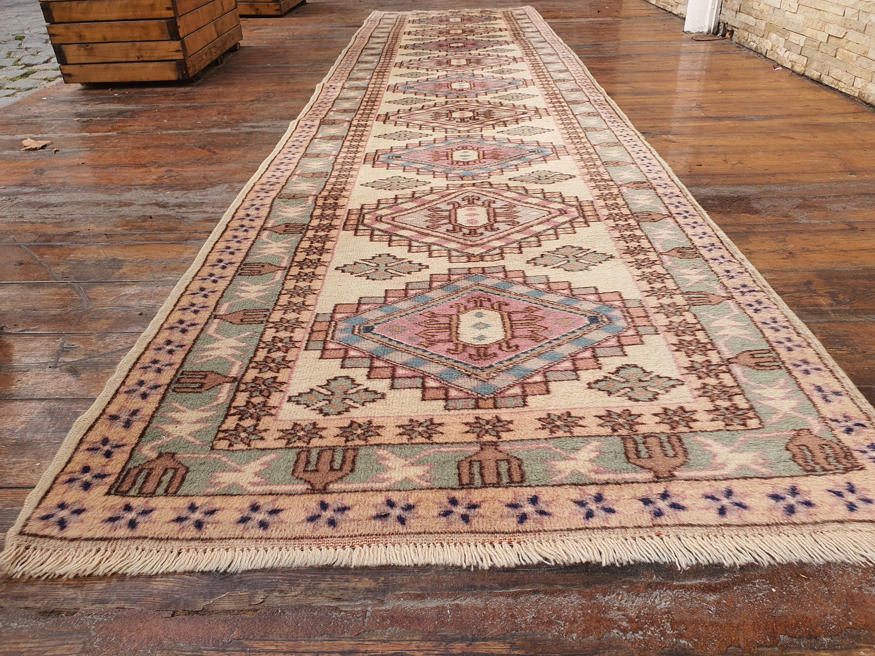 Turkish Runner Rug 9 x 3 ft Long Persian Moroccan Style Natural Wool Recycled Rug, Bohemian Rustic Decor Vintage Oriental Hallway Rug