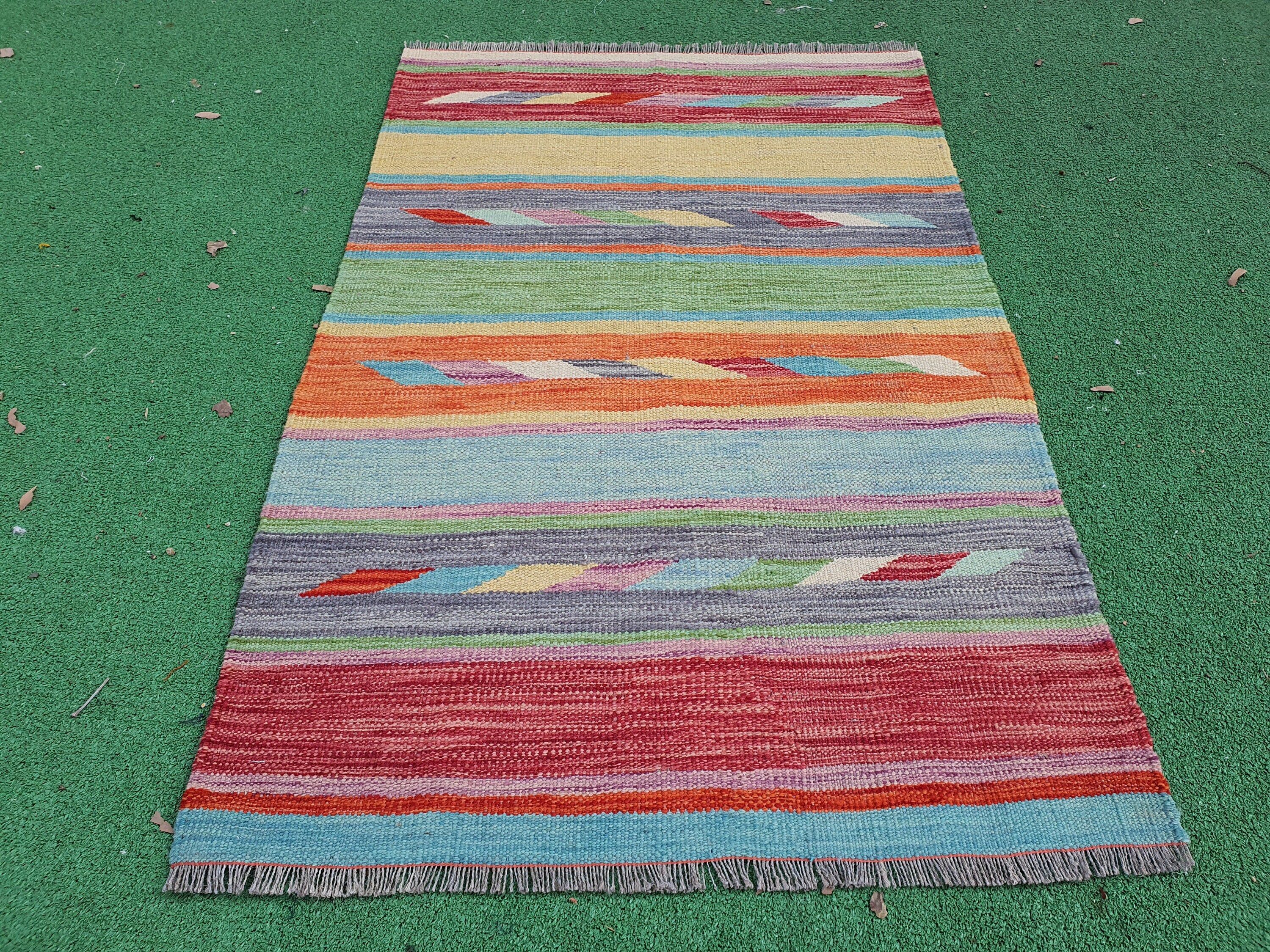Alfombra Kilim Oushak Vintage de 4 x 3 pies, color azul, naranja y rojo, de lana natural, estilo persa, para decoración rústica del hogar, estilo bohemio, turco, marroquí o bereber