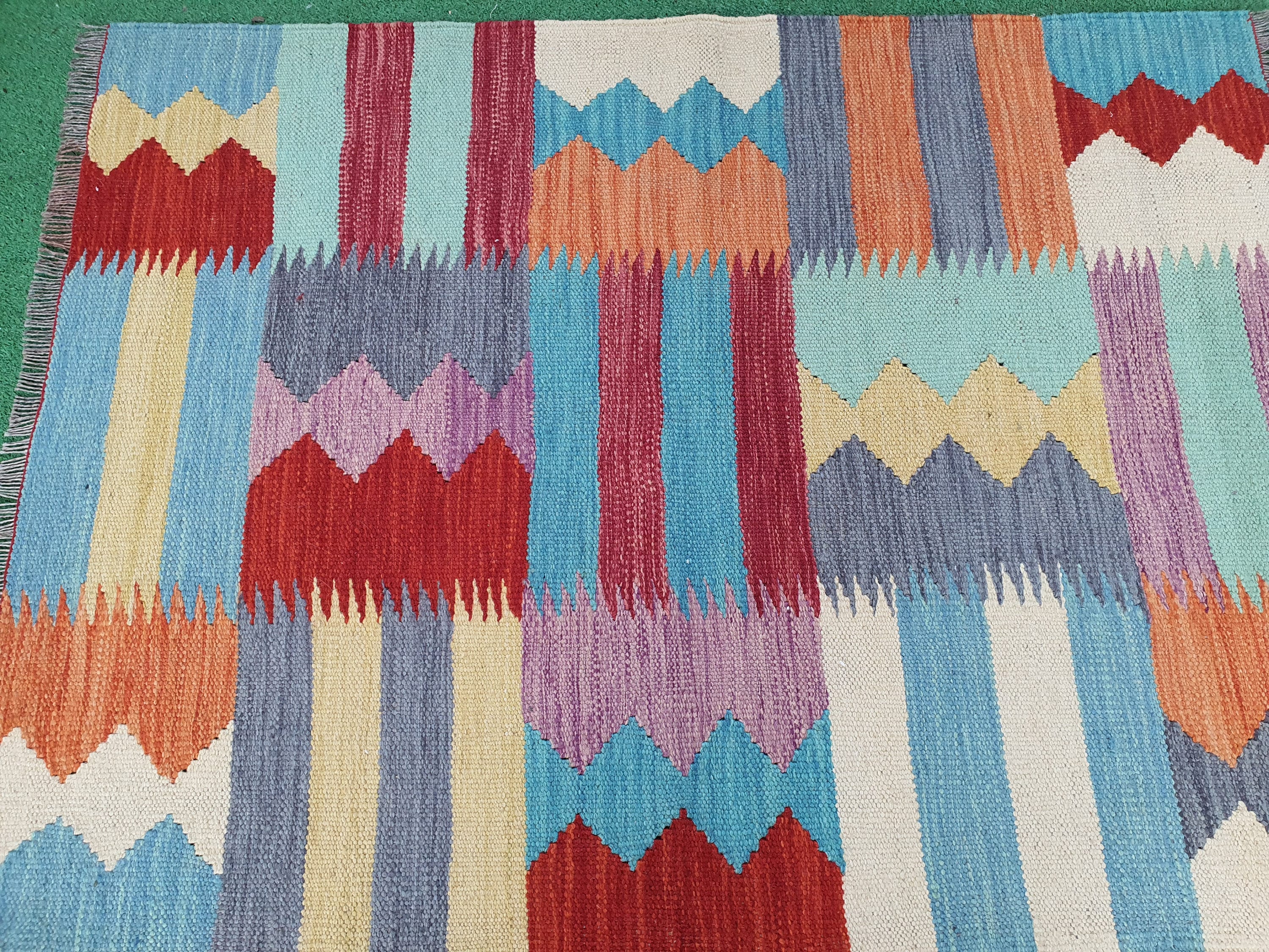 Oushak Kilim Rug, 3 ft 5 in x 2 ft 7 in Rust Red, Blue and Beige Turkish Entryway or Door Mat