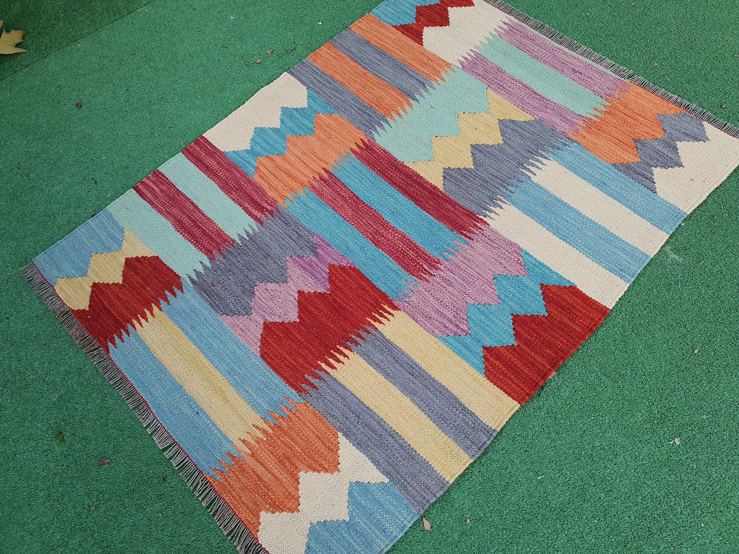 Oushak Kilim Rug, 3 ft 5 in x 2 ft 7 in Rust Red, Blue and Beige Turkish Entryway or Door Mat