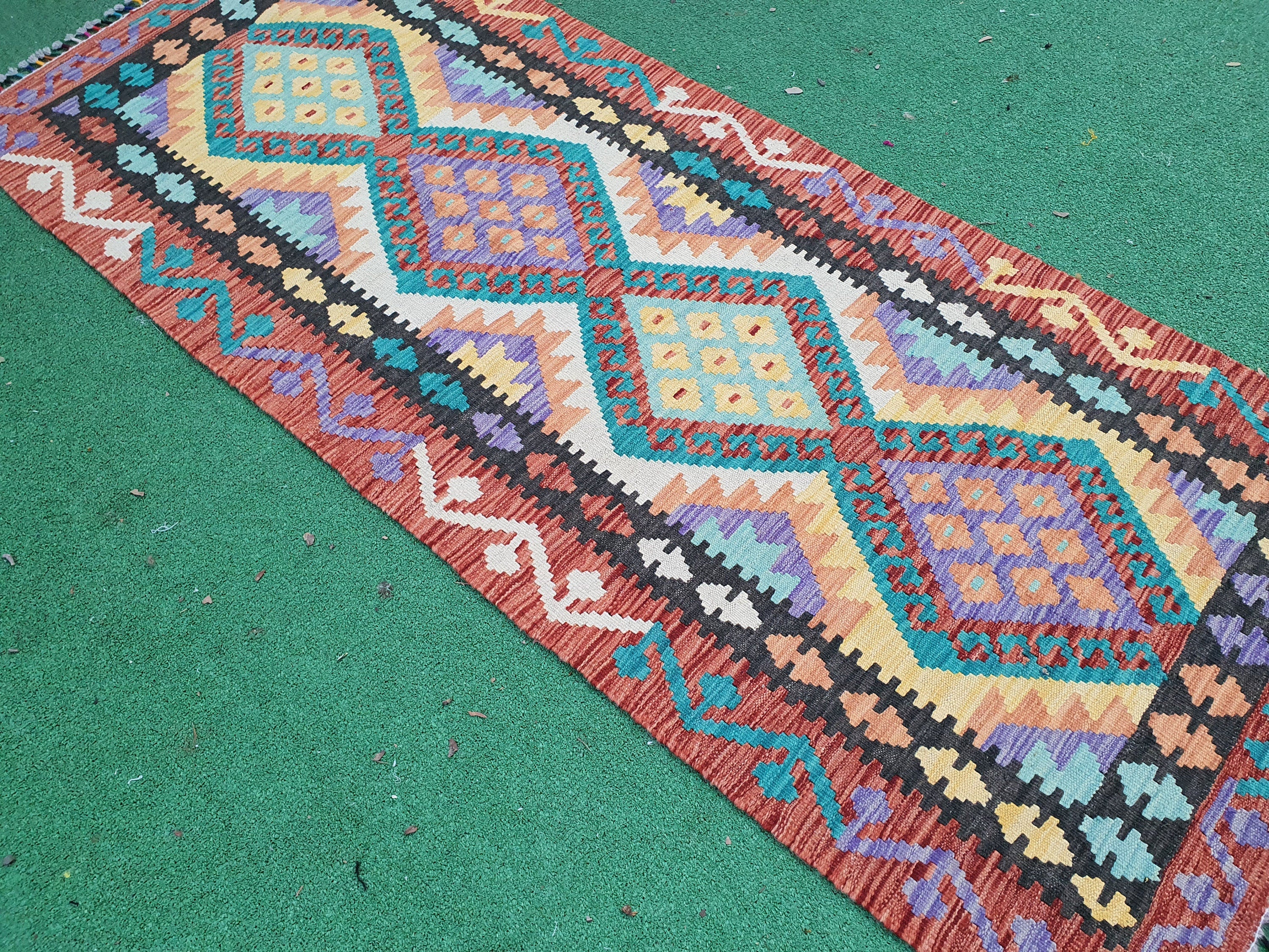 Purple Green Orange Kilim, Hallway Runner Rug 6'6"x2'7"