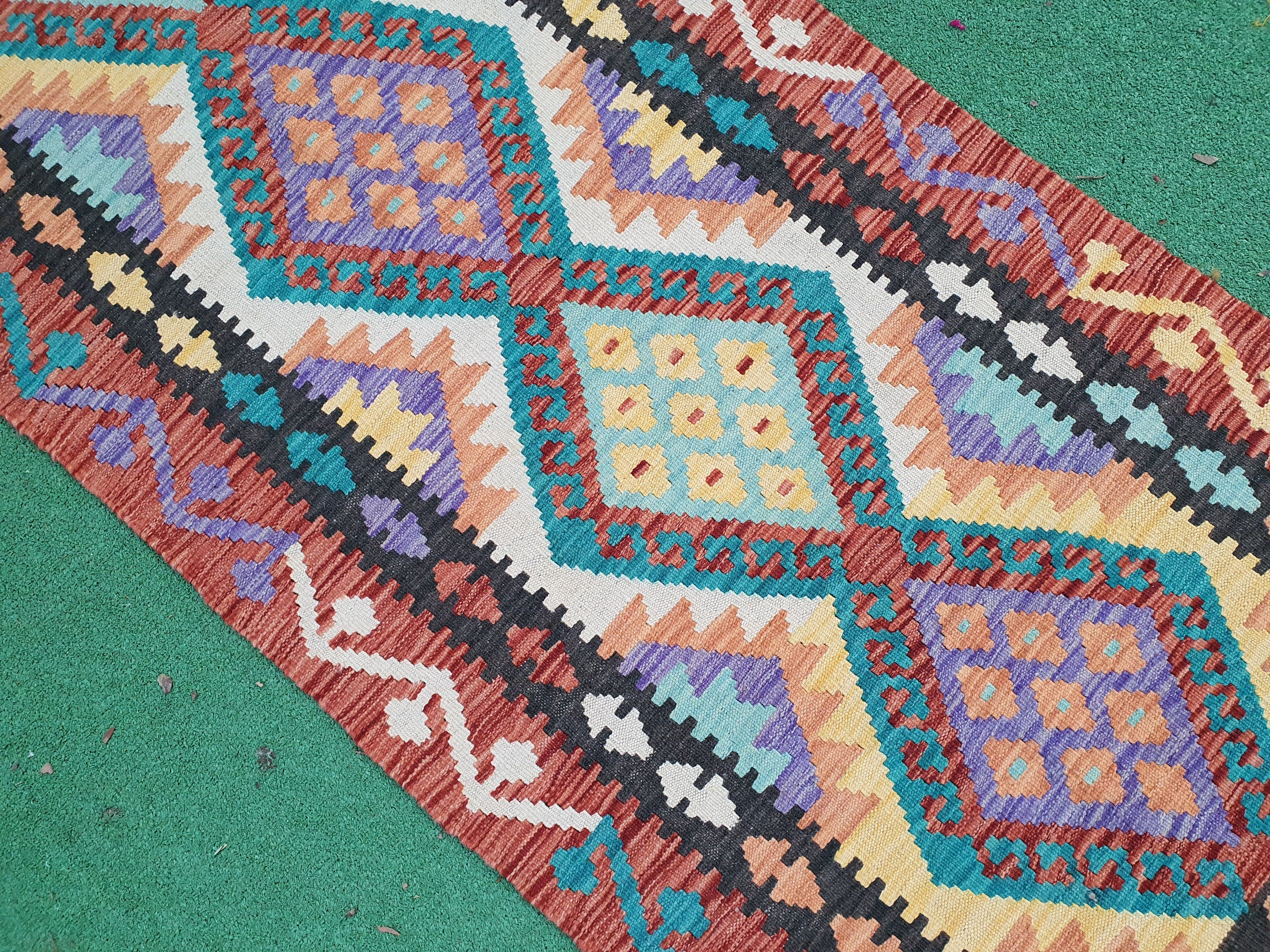 Purple Green Orange Kilim, Hallway Runner Rug 6'6"x2'7"