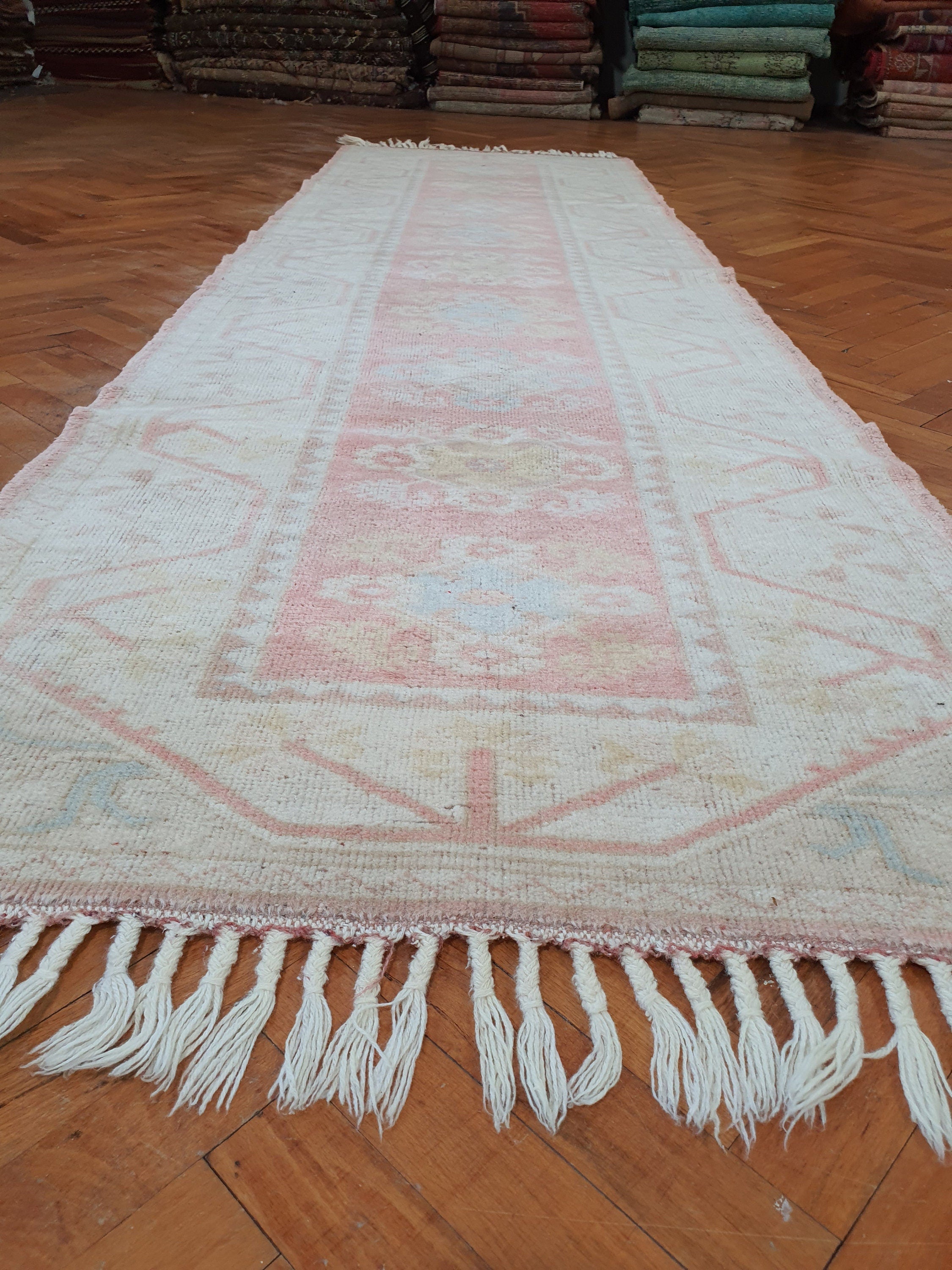 Tapis de couloir rustique de style bohème délavé vintage, tapis vieilli, tapis persan délavé pastel, tapis de salon en laine biologique 9'7''x2'8'' ft