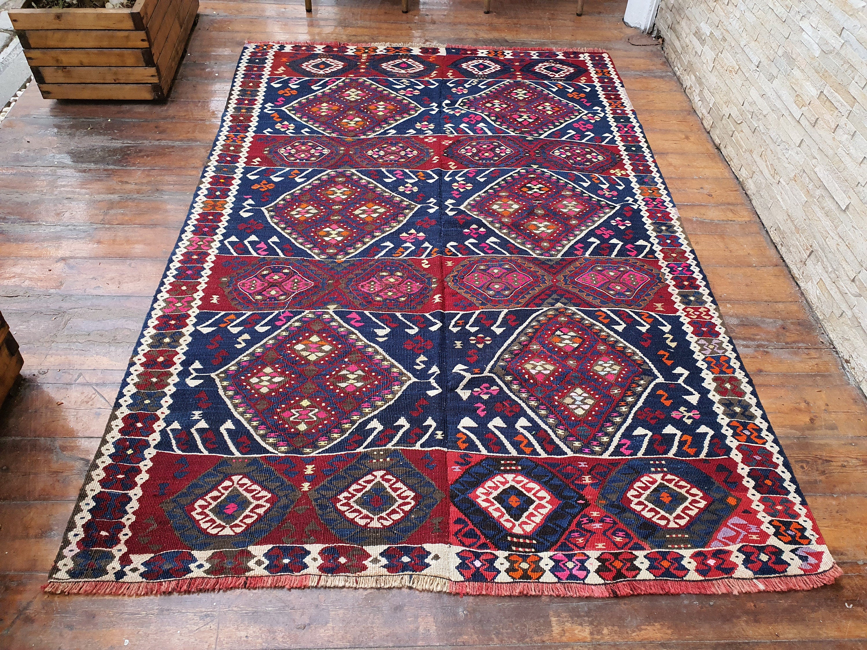 Van Turkish Kilim Rug 7 x 4 ft Handmade Natural Wool Persian Area Rug, Tribal Nomadic Boho Rustic Decor Moroccan Berber Living Room Rug