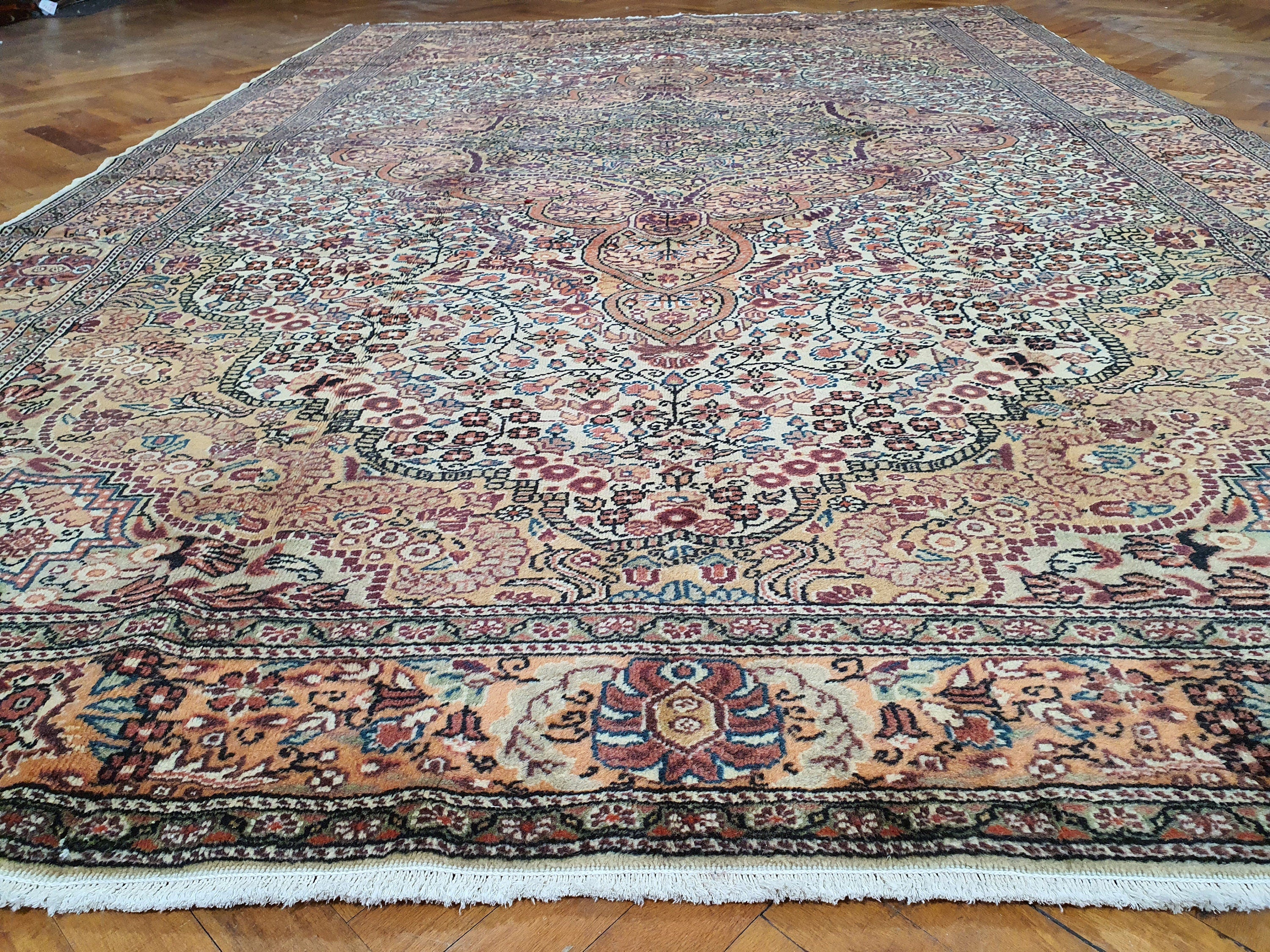 Kayseri Turkish Rug, Pink White Brown Floral Vintage Handmade Natural Wool Rug 9'8"x6'6"