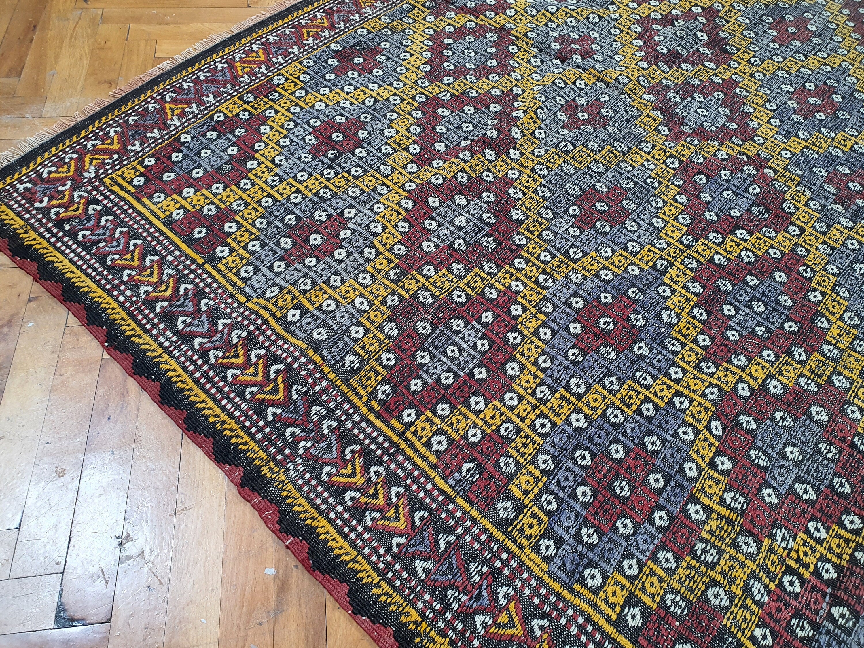 Turkish Kilim Rug 9 x 7 ft Brown Beige Orange Cicim Embroidered Rug, Vintage Southwest Aztec Handmade Wool Kilim, Antique Persian Area Rug