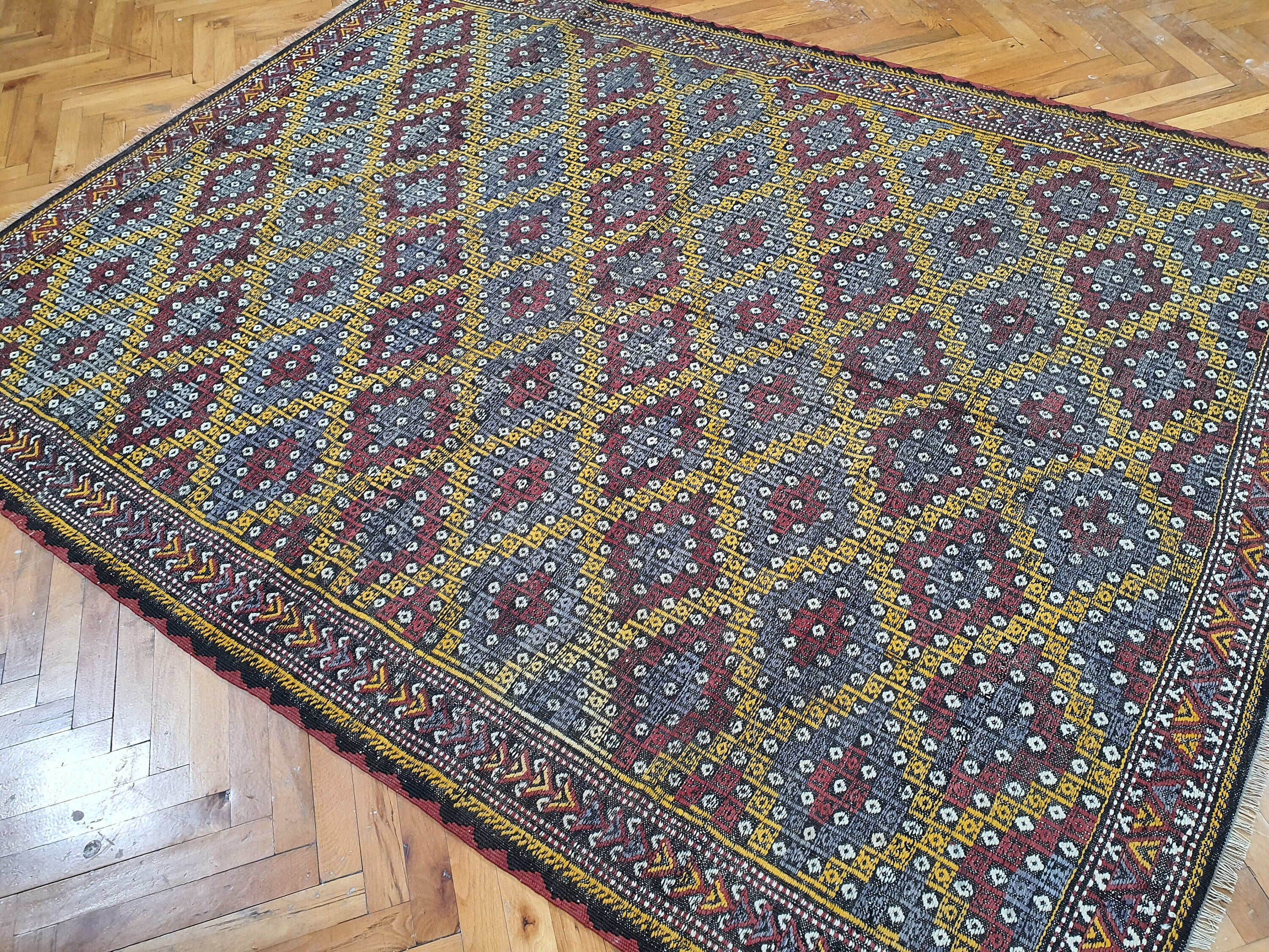 Turkish Kilim Rug 9 x 7 ft Brown Beige Orange Cicim Embroidered Rug, Vintage Southwest Aztec Handmade Wool Kilim, Antique Persian Area Rug