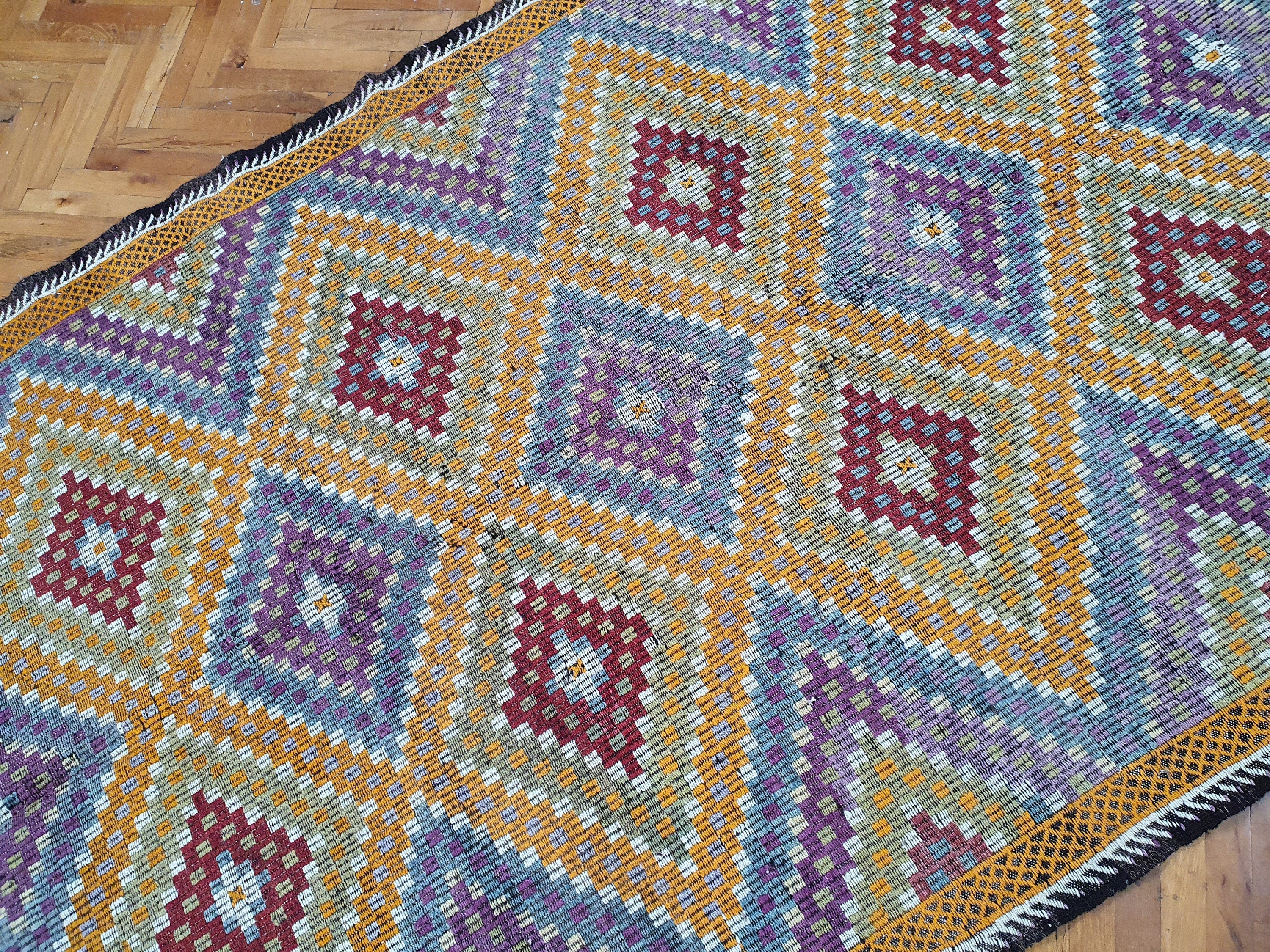 Turkish Kilim Rug 9 x 6 ft Orange Red & Blue on Purple Natural Wool Embroidered Vintage Cicim Floor Rug for Bohemian or Retro Home Decor