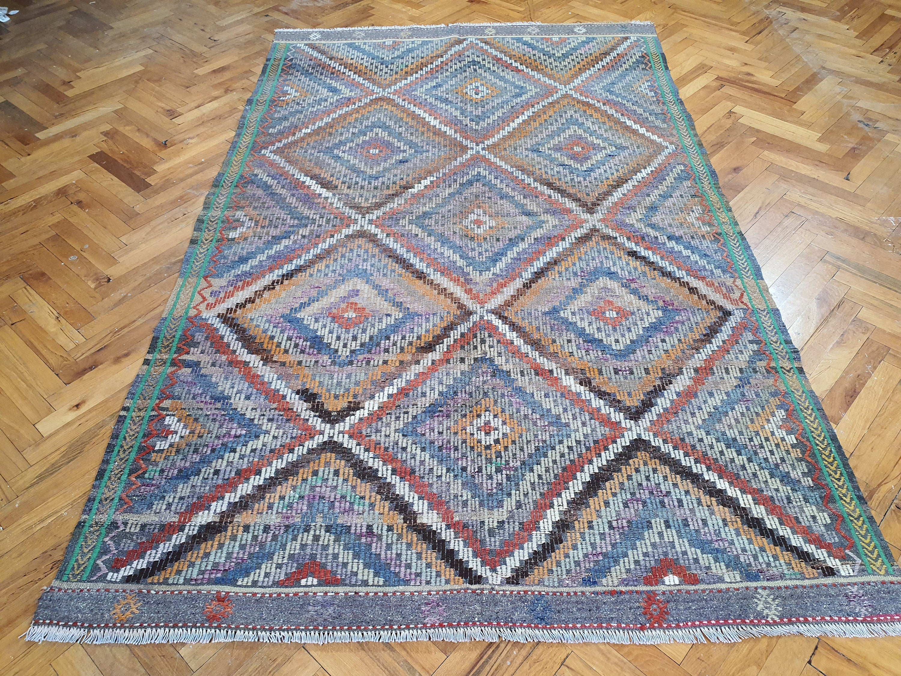 Alfombra Kilim turca de 2,4 x 1,5 m, color naranja, morado y azul sobre morado, bordada en lana natural, estilo vintage Cicim, para decoración del hogar bohemia o retro