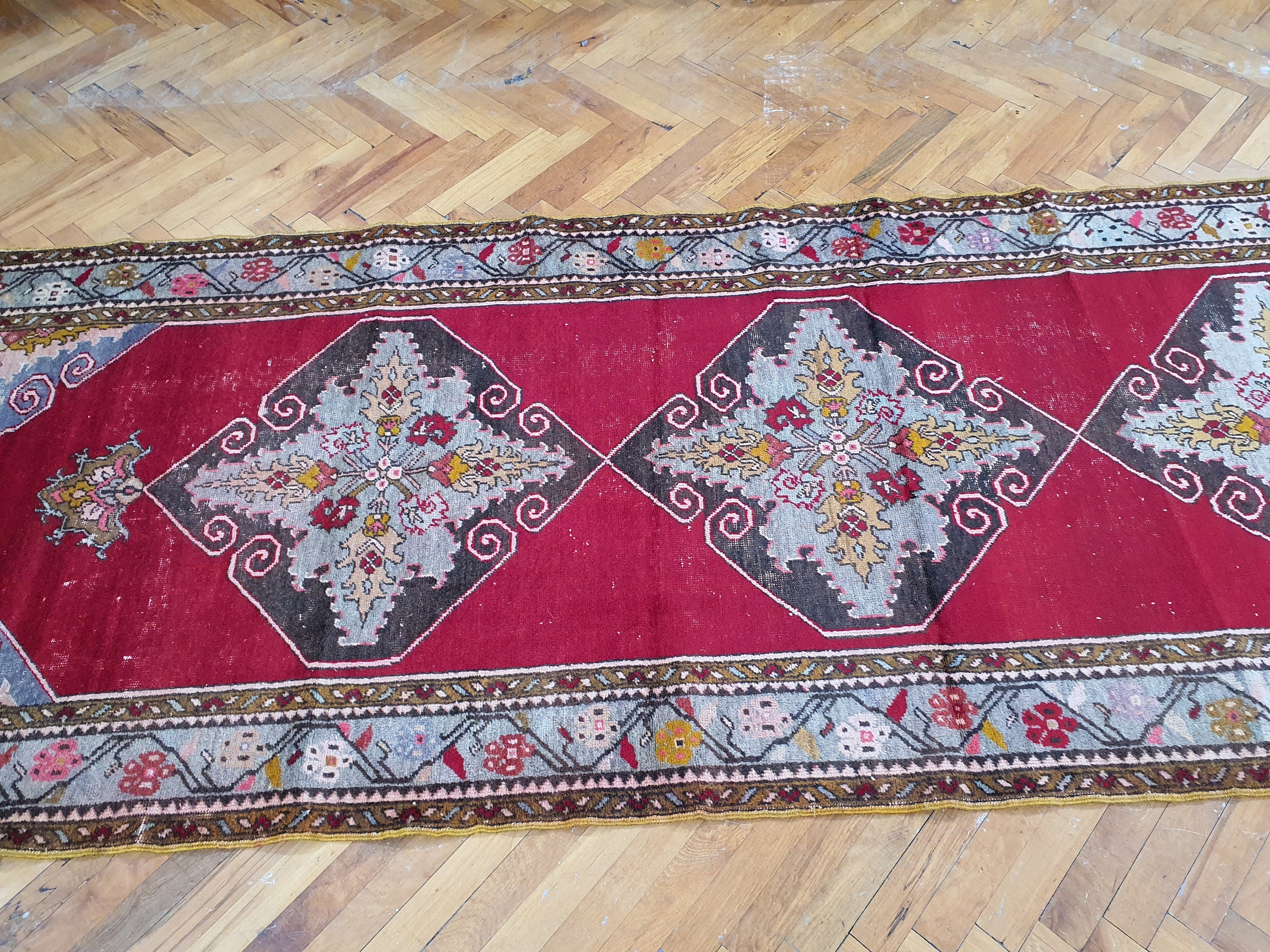 Sivas Turkey Hallway Runner, 10 x 3 ft Red Blue Brown Long Entryway Rug, Boho Rustic Handmade Natural Wool Persian Medallion Motif Corridor