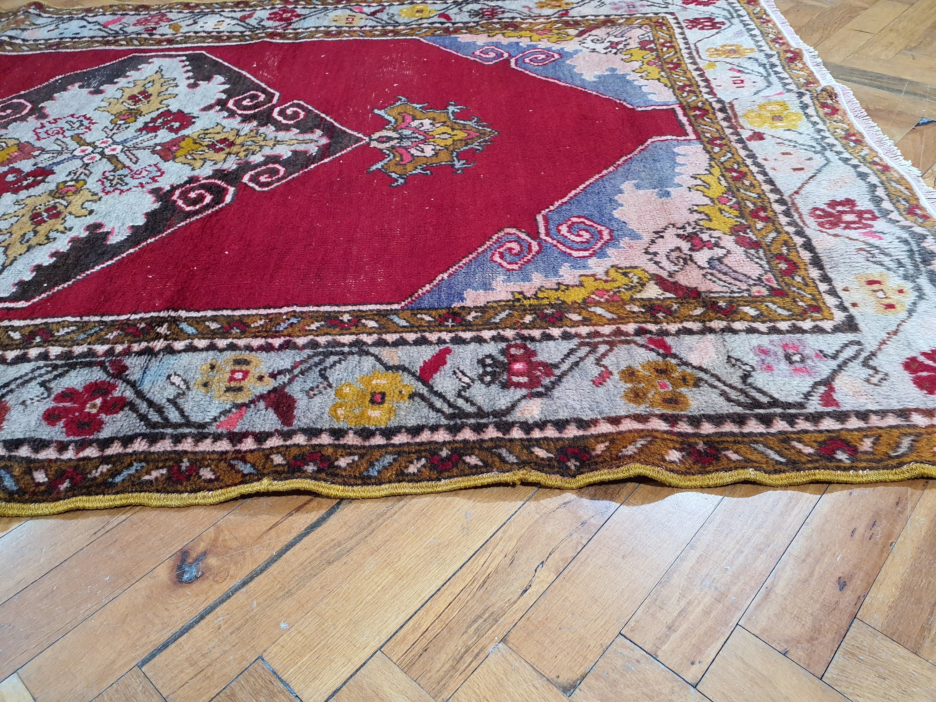 Sivas Turkey Hallway Runner, 10 x 3 ft Red Blue Brown Long Entryway Rug, Boho Rustic Handmade Natural Wool Persian Medallion Motif Corridor