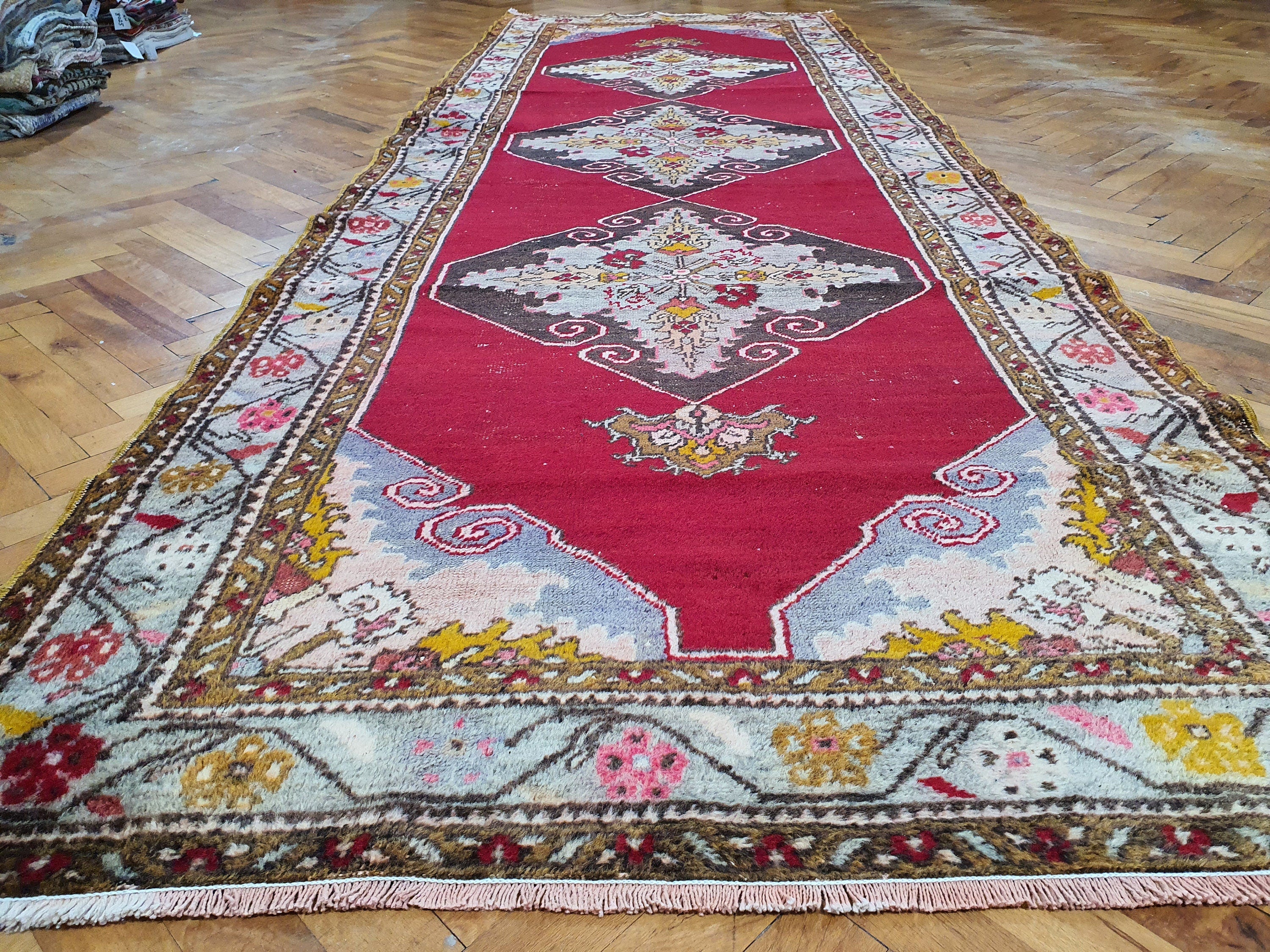 Sivas Turkey Hallway Runner, 10 x 3 ft Red Blue Brown Long Entryway Rug, Boho Rustic Handmade Natural Wool Persian Medallion Motif Corridor