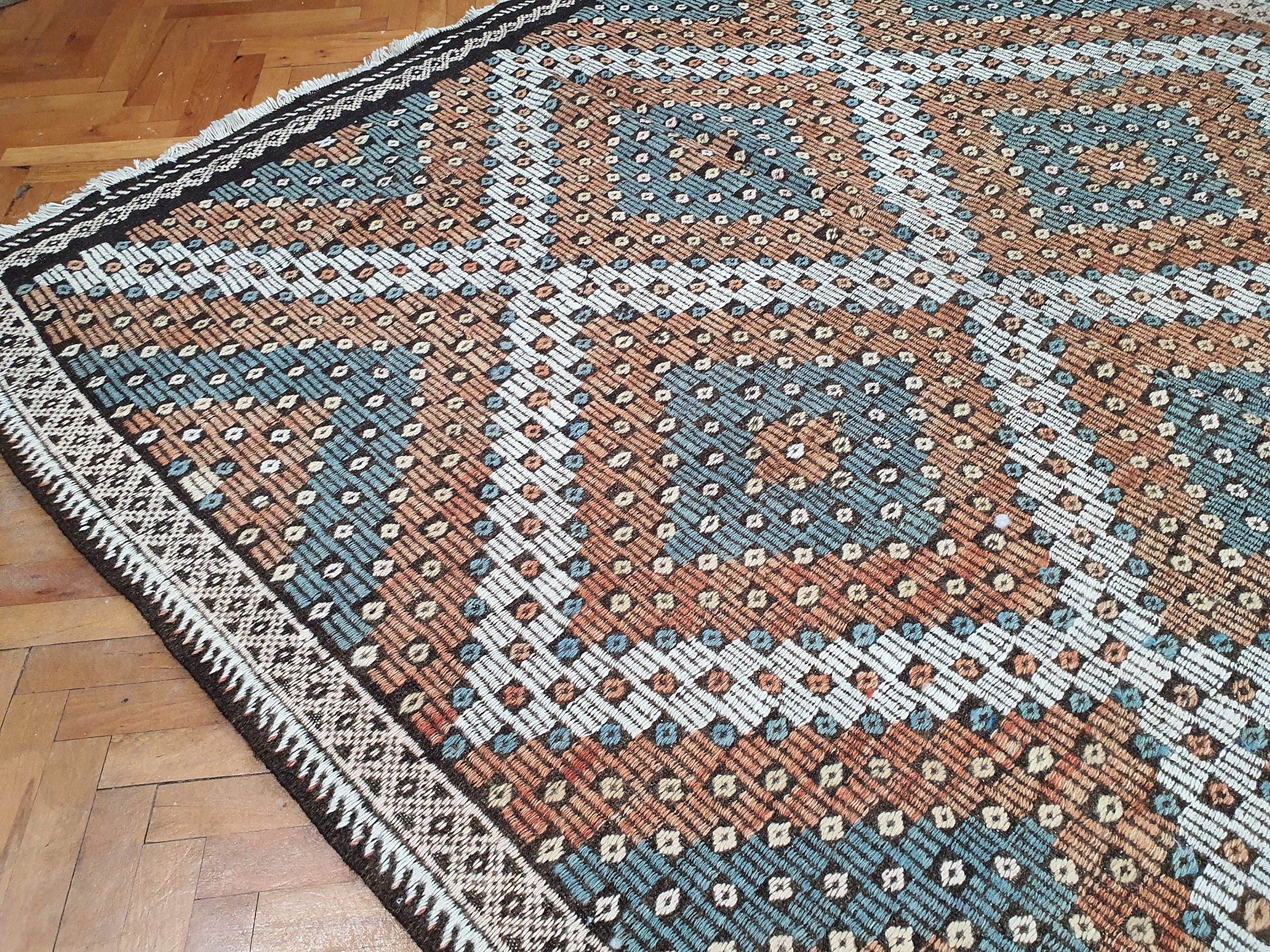 Turkish Kilim Rug 11 x 7 ft Red White and Blue Rug, Vintage Southwestern Aztec Handmade Wool Kilim, Antique Persian Rustic Farmhouse Rug