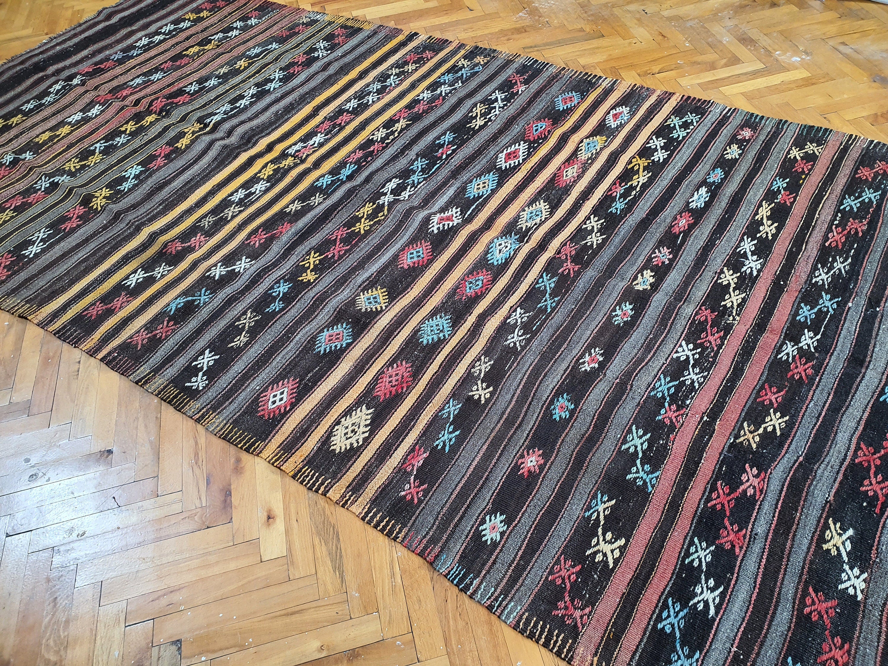 Vintage Balikesir Turkish Kilim Rug 11 x 5 ft, Brown Grey Yellow Embroidered Anatolian Handmade Wool Rug, Boho Rustic Decor Persian Area Rug