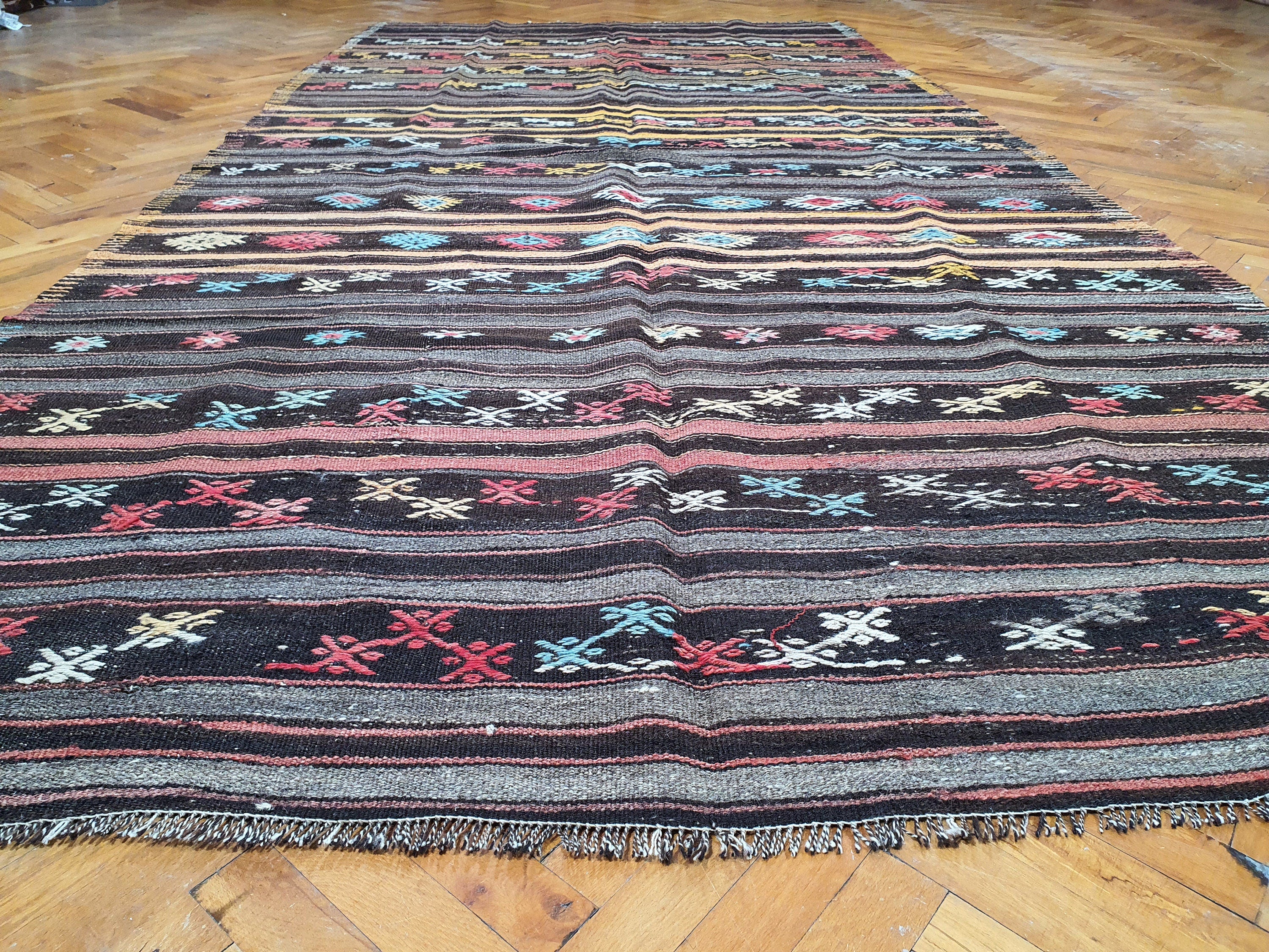 Vintage Balikesir Turkish Kilim Rug 11 x 5 ft, Brown Grey Yellow Embroidered Anatolian Handmade Wool Rug, Boho Rustic Decor Persian Area Rug