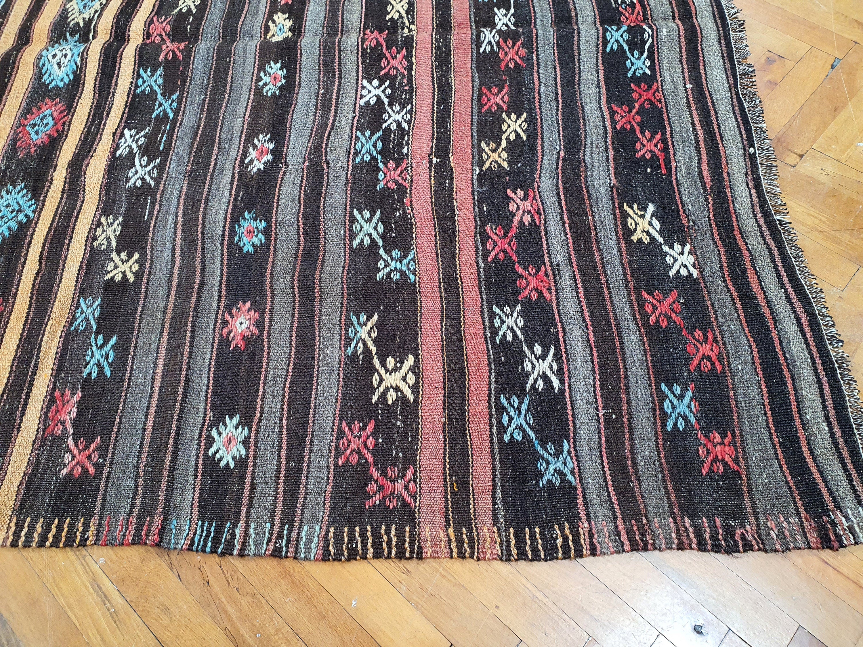 Vintage Balikesir Turkish Kilim Rug 11 x 5 ft, Brown Grey Yellow Embroidered Anatolian Handmade Wool Rug, Boho Rustic Decor Persian Area Rug