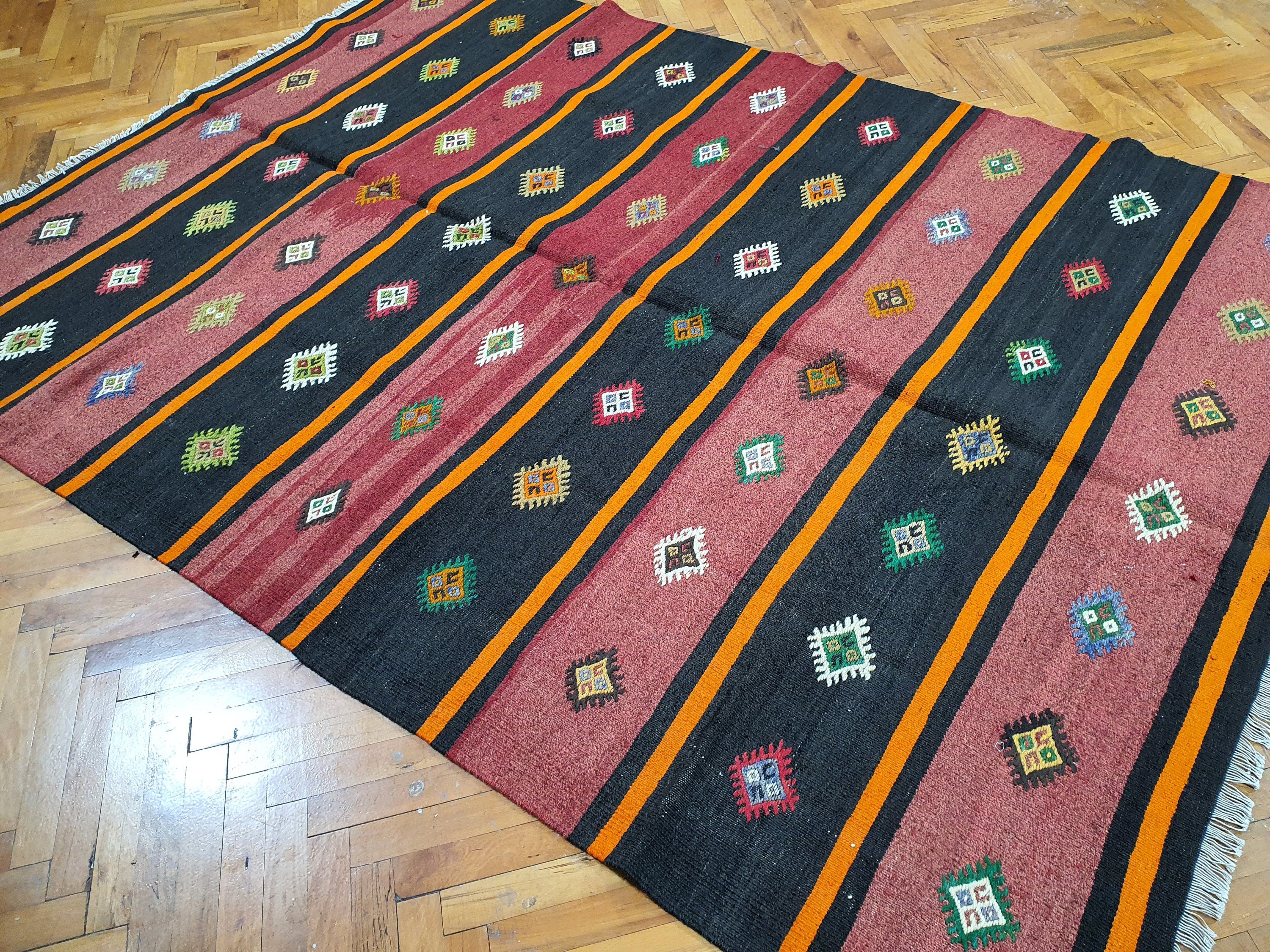 Alfombra retro con decoración vintage, alfombra persa estilo kilim para sala de estar, alfombra de lana hecha a mano de estilo marroquí, alfombra bohemia rústica turca colorida de 5'6' x 8' pies