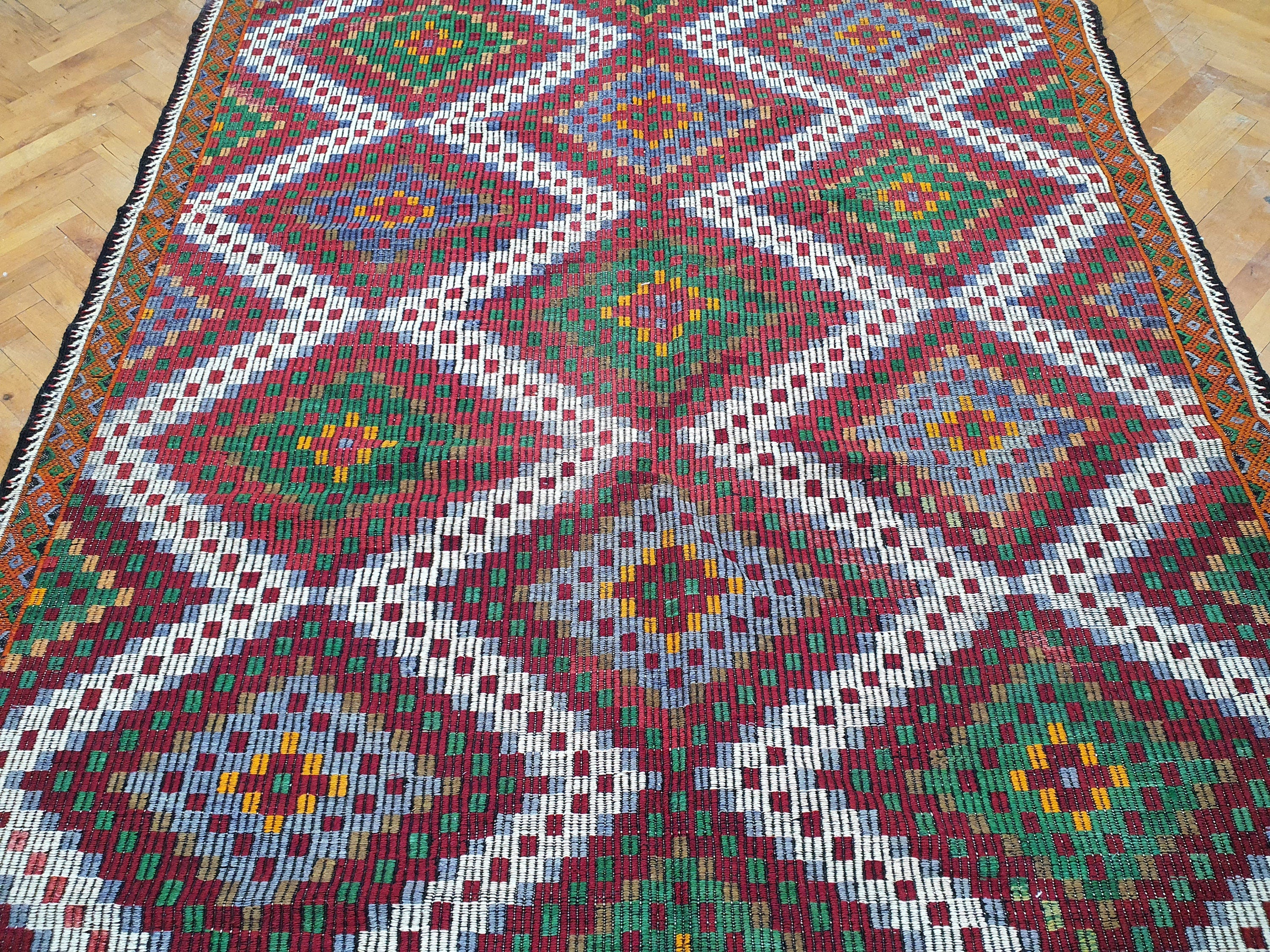 Alfombra Kilim turca de 3 x 1,8 m, color verde, naranja y blanco sobre marrón, bordada, de lana natural, estilo vintage Cicim, para decoración del hogar bohemia o retro