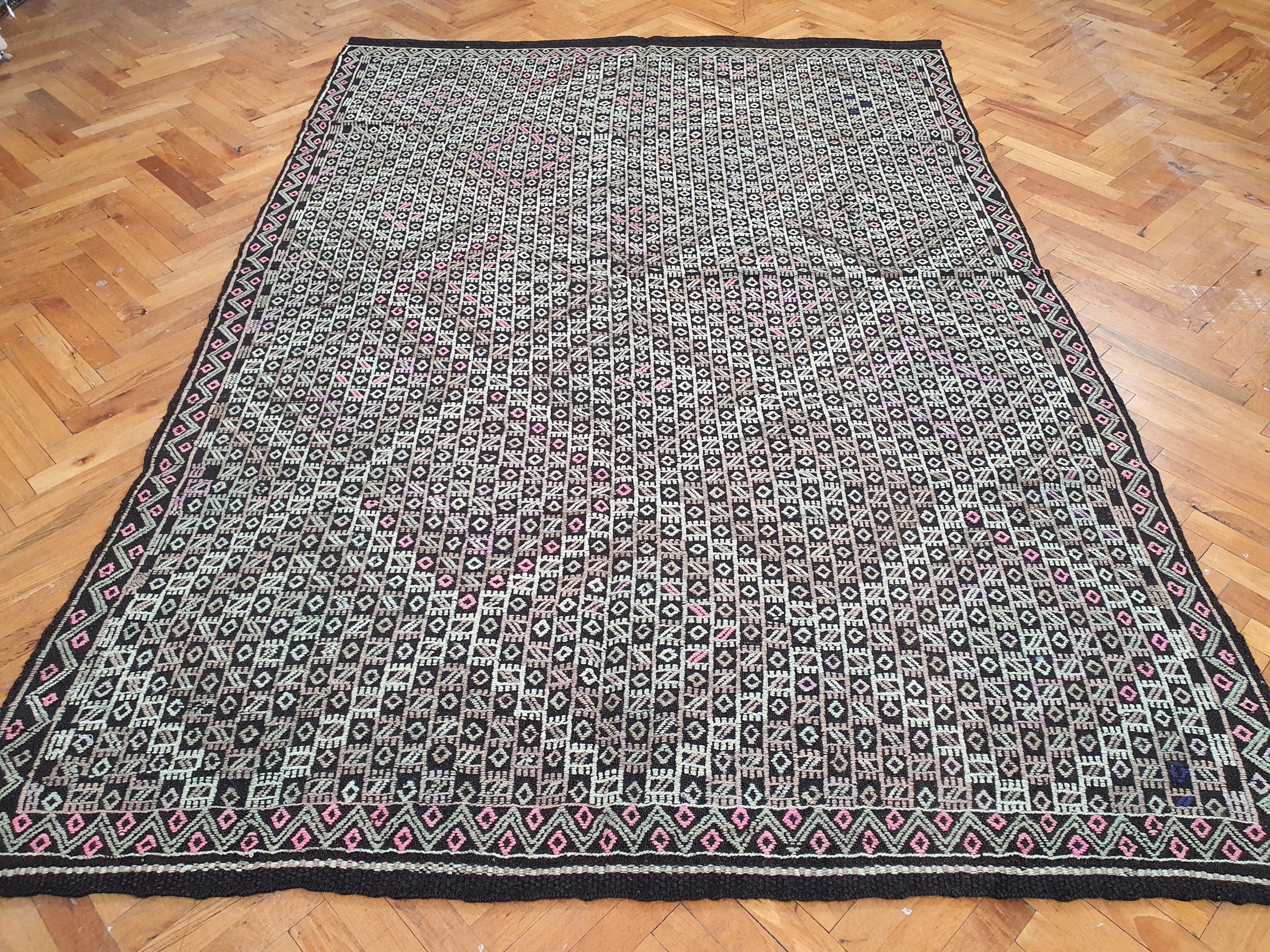 Alfombra Kilim turca de 2,4 x 1,8 m, color marrón, morado y azul sobre morado, bordada en lana natural, estilo vintage Cicim, para decoración del hogar bohemia o retro