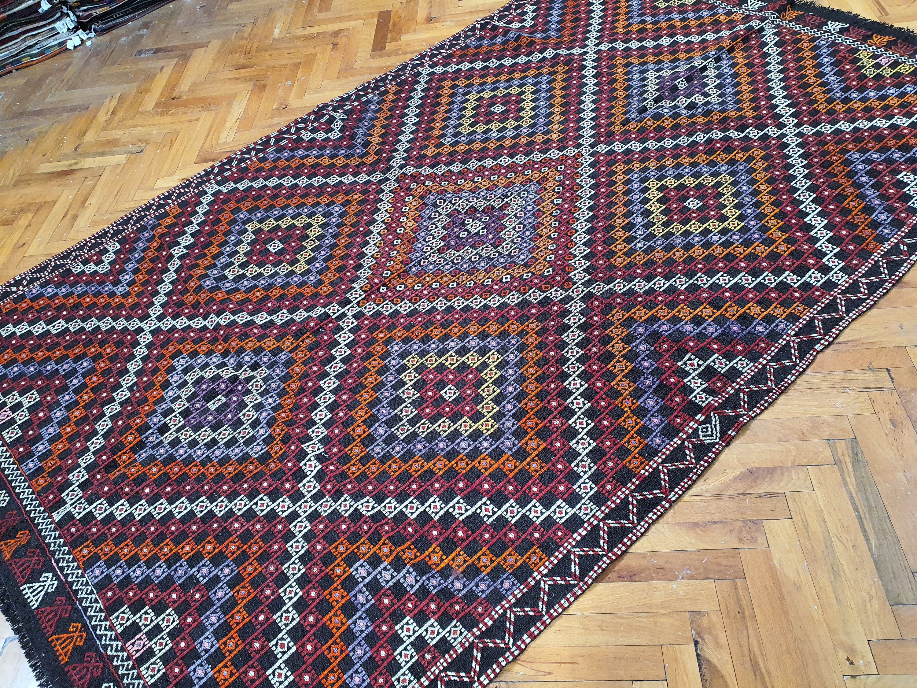 Brown Turkish Kilim Rug, 8 x 5 ft Red Blue & White Turkish Cicim Embroidery on Turkish Kilim, Boho Rustic Natural Wool Handmade Persian Rug