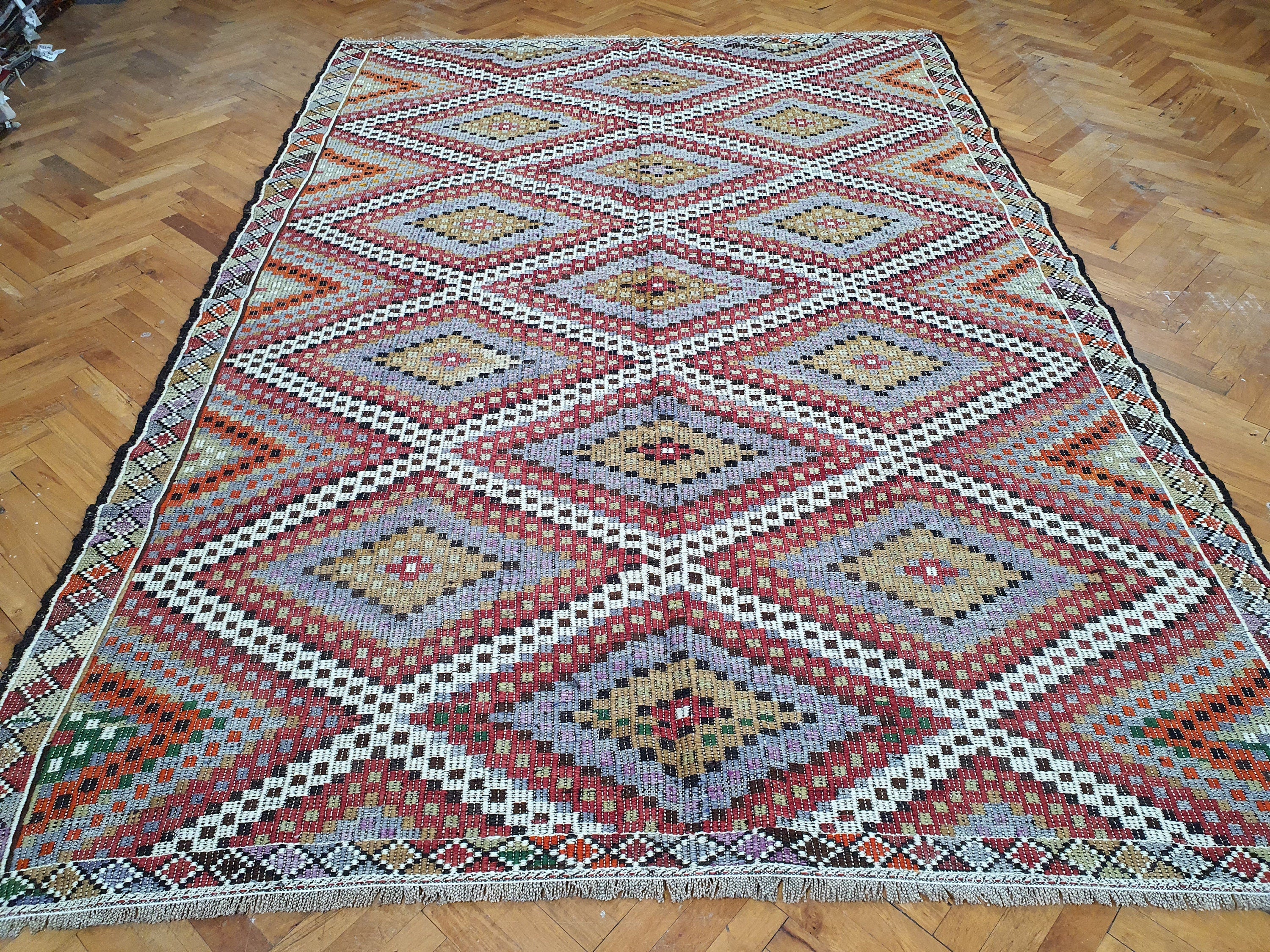Brown Turkish Kilim Rug, 8 x 6 ft Red Blue & White Turkish Cicim Embroidery on Turkish Kilim, Boho Rustic Natural Wool Handmade Persian Rug