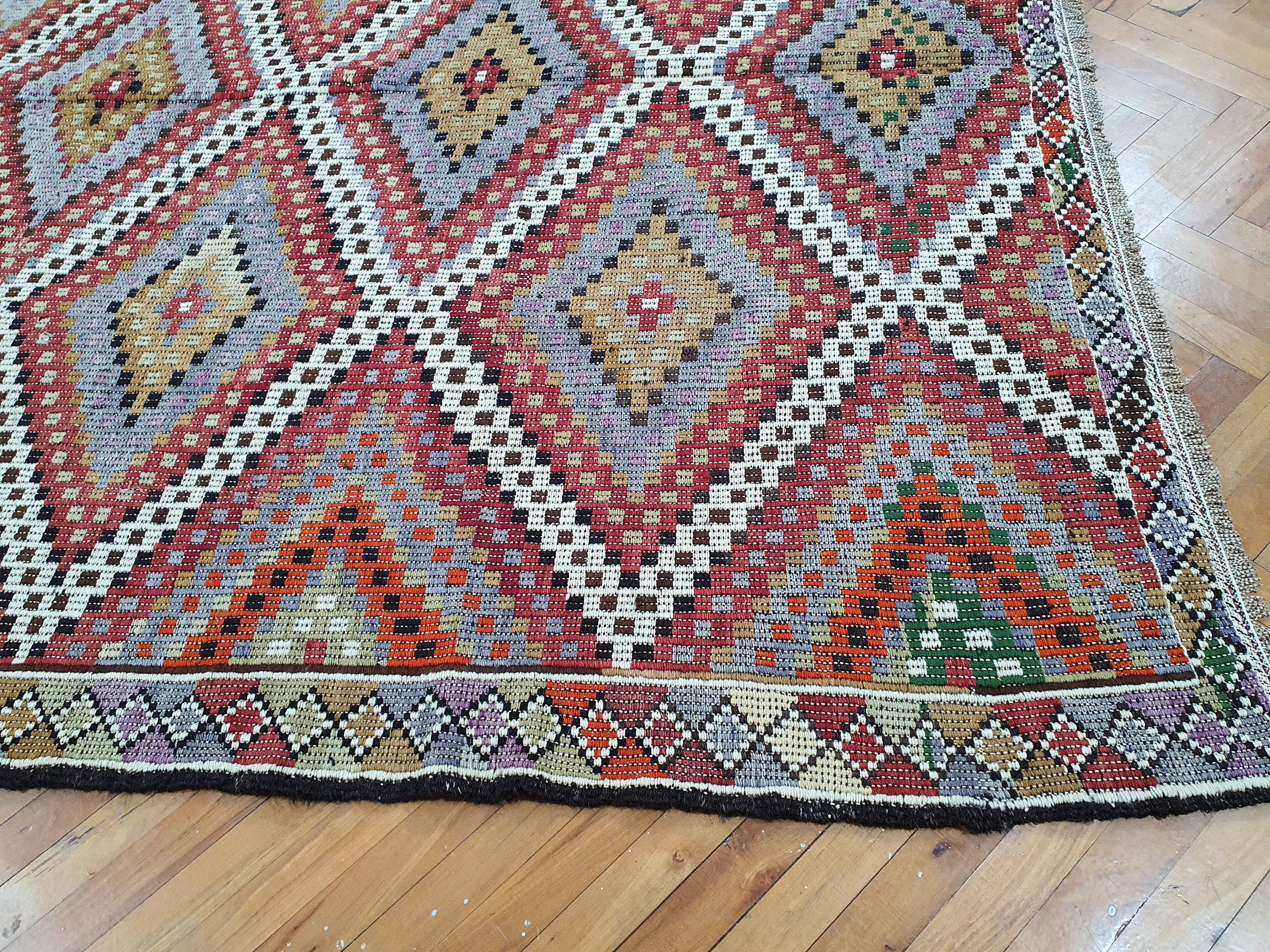 Brown Turkish Kilim Rug, 8 x 6 ft Red Blue & White Turkish Cicim Embroidery on Turkish Kilim, Boho Rustic Natural Wool Handmade Persian Rug