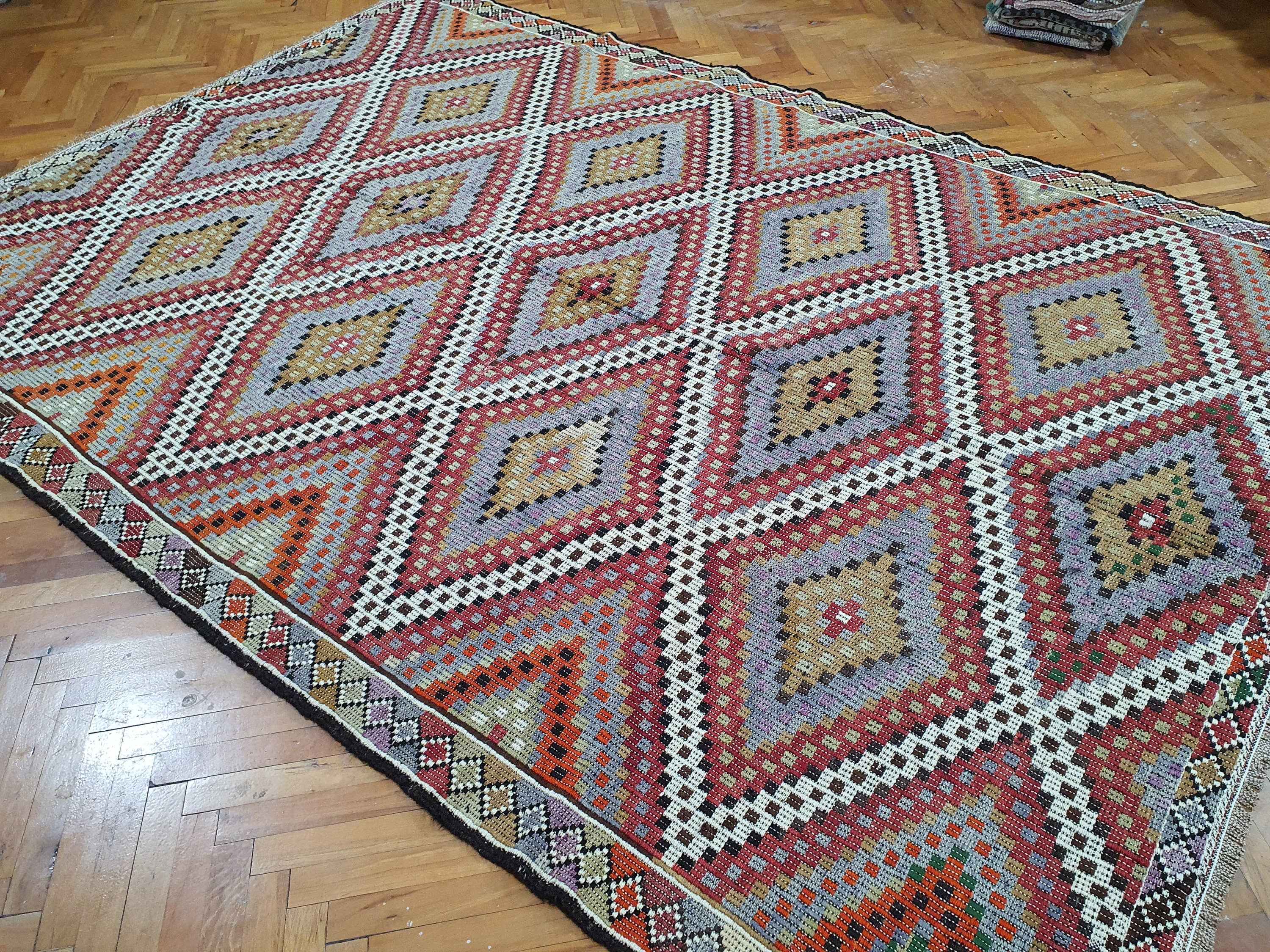 Brown Turkish Kilim Rug, 8 x 6 ft Red Blue & White Turkish Cicim Embroidery on Turkish Kilim, Boho Rustic Natural Wool Handmade Persian Rug