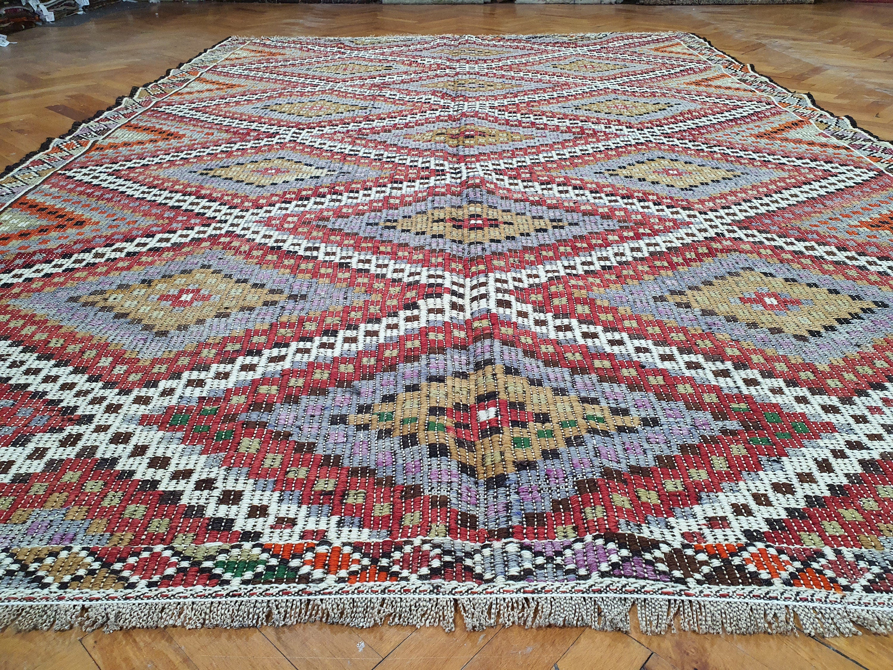 Brown Turkish Kilim Rug, 8 x 6 ft Red Blue & White Turkish Cicim Embroidery on Turkish Kilim, Boho Rustic Natural Wool Handmade Persian Rug
