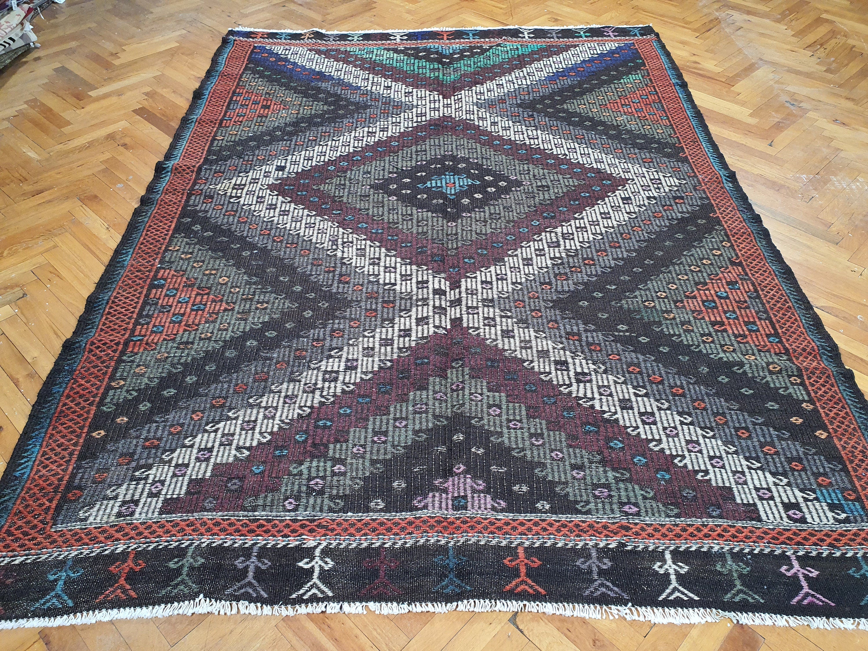 Alfombra de lana tejida a mano estilo marroquí con decoración vintage, estilo persa, estilo bohemio, estilo turco colorido, 8'7'' x 6'4''